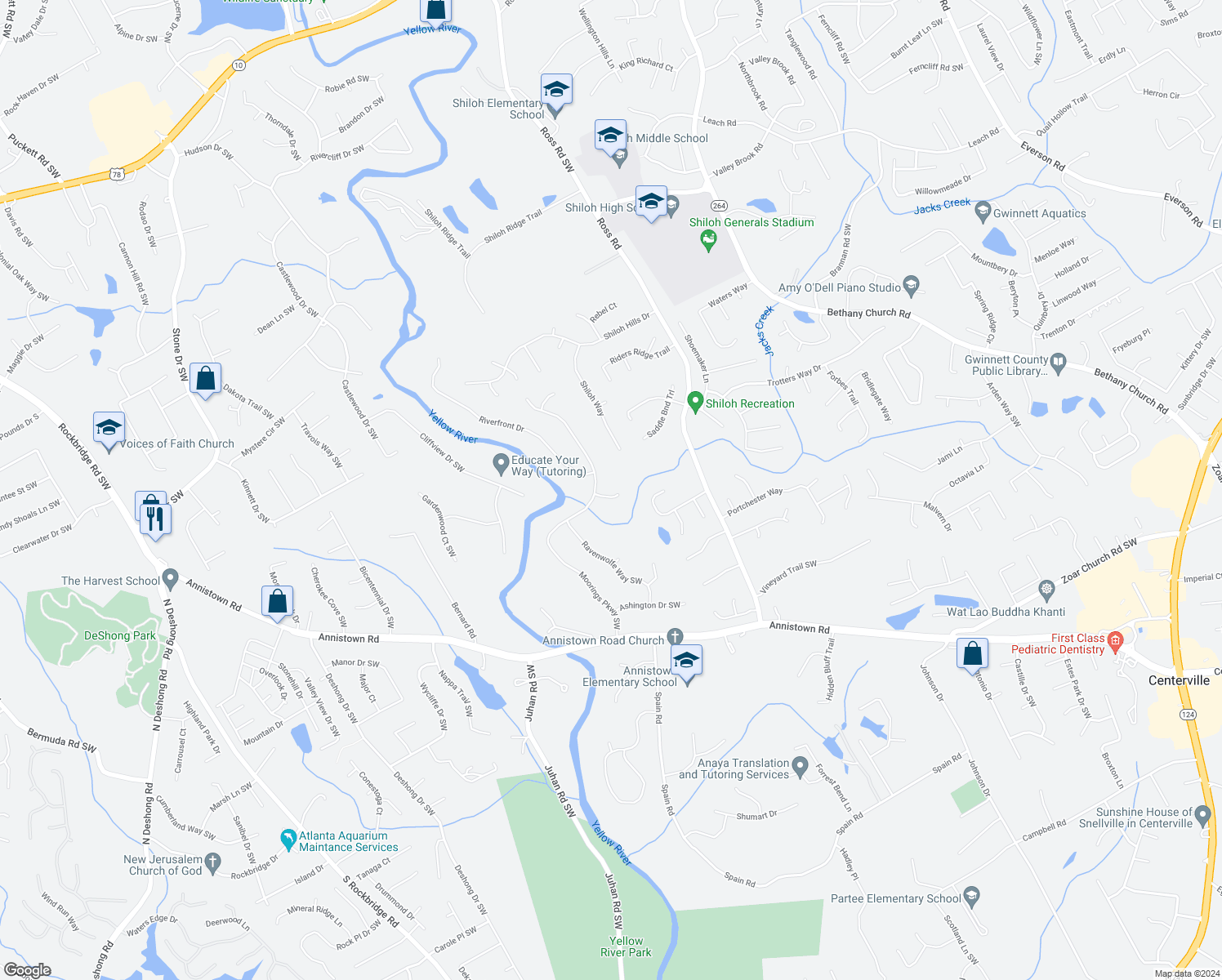 map of restaurants, bars, coffee shops, grocery stores, and more near 4491 Moorings Lane in Snellville