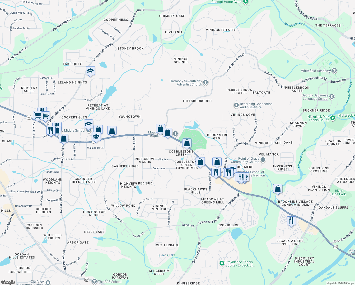map of restaurants, bars, coffee shops, grocery stores, and more near 5812 Cobblestone Creek Circle in Mableton