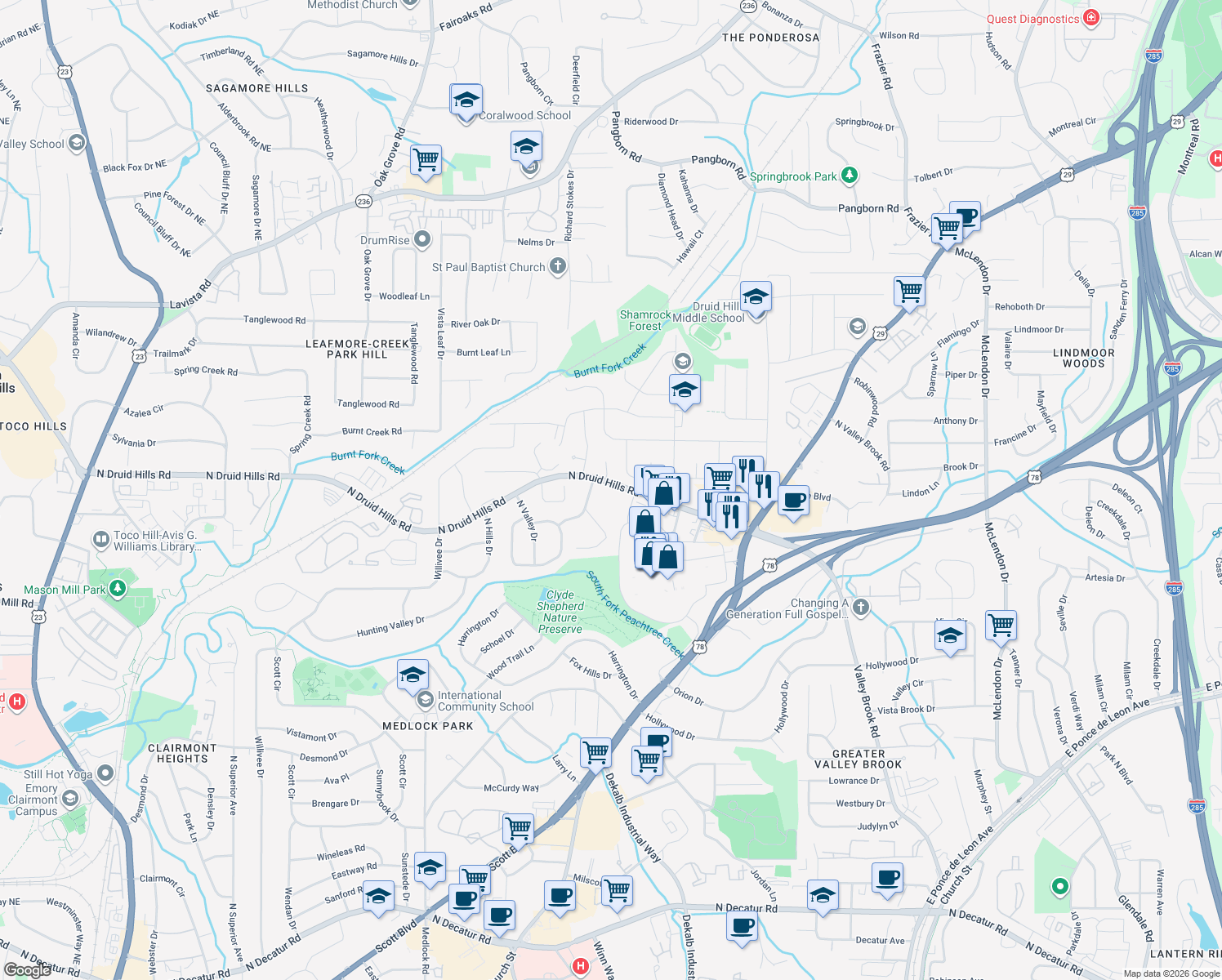 map of restaurants, bars, coffee shops, grocery stores, and more near 3743 North Druid Hills Road Northeast in Decatur