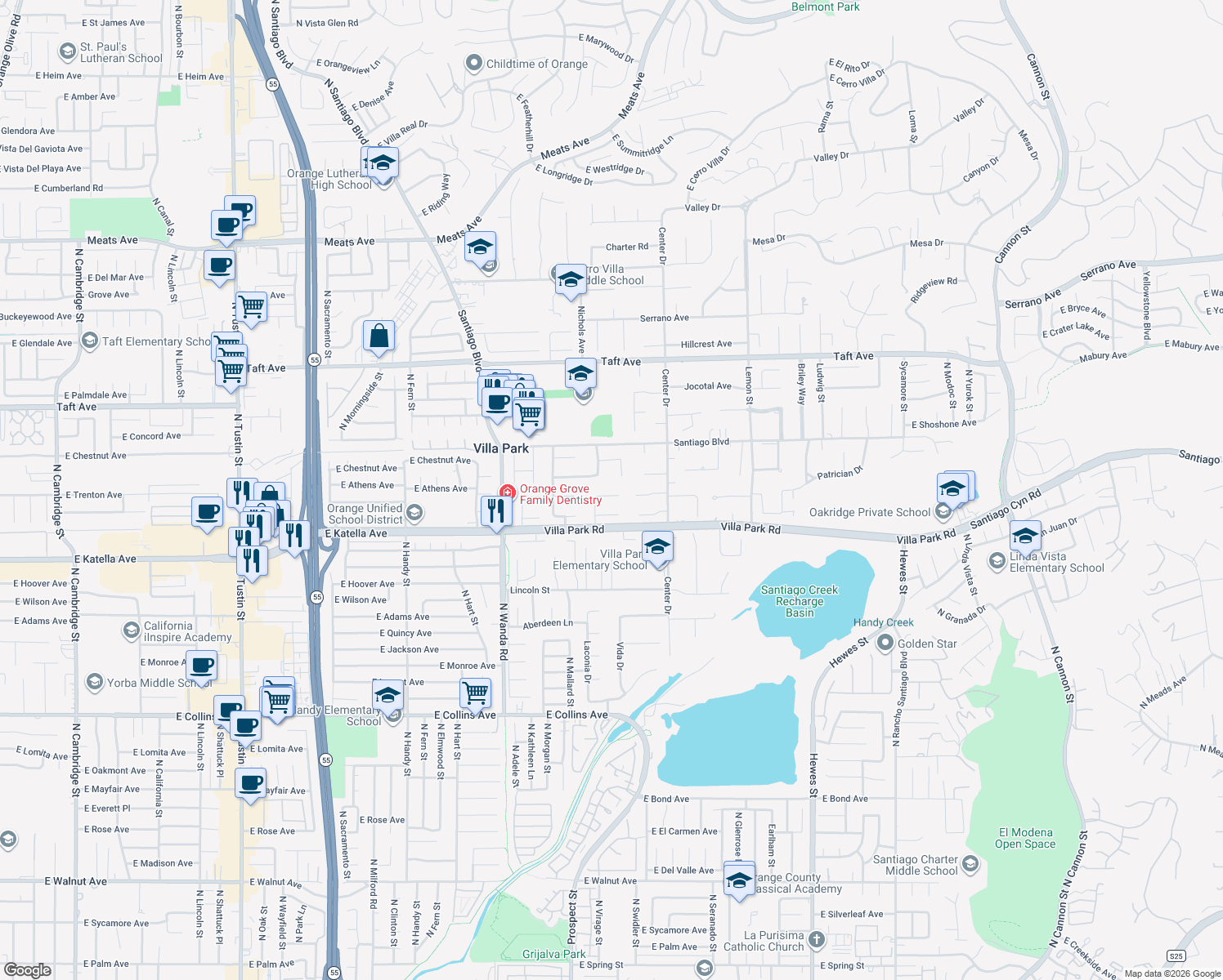 map of restaurants, bars, coffee shops, grocery stores, and more near 18111 Dorchester Circle in Villa Park