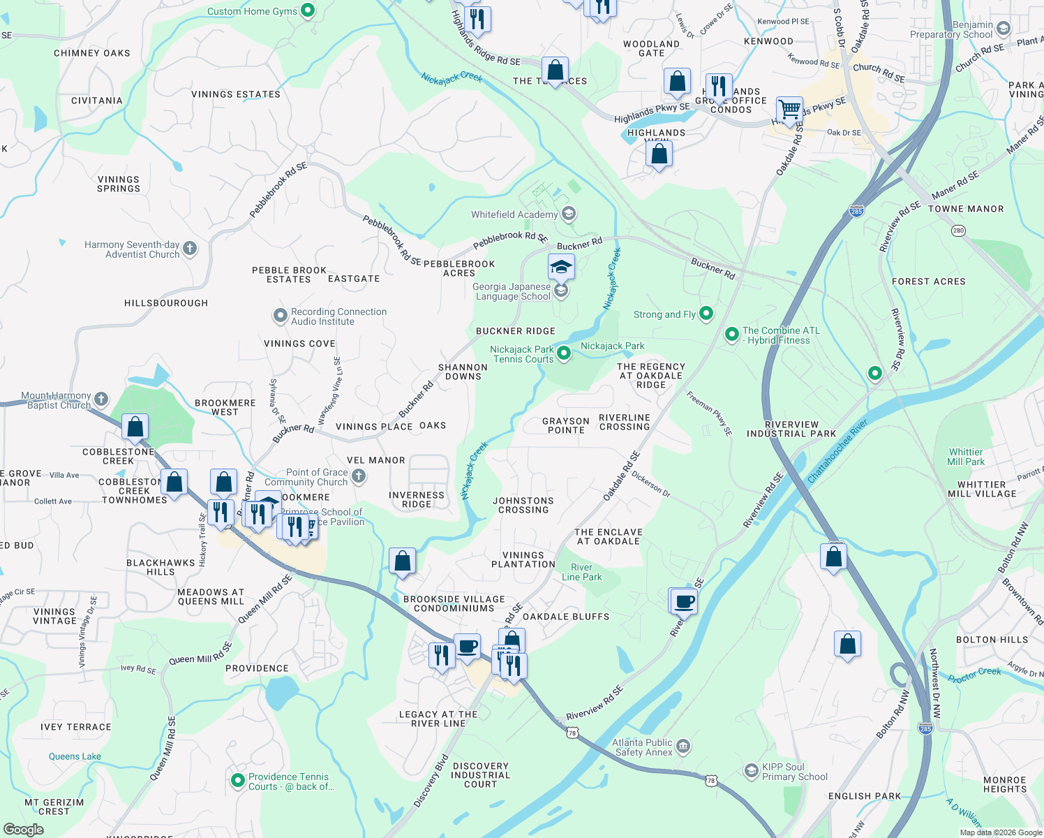 map of restaurants, bars, coffee shops, grocery stores, and more near 5919 Graywood Circle Southeast in Mableton