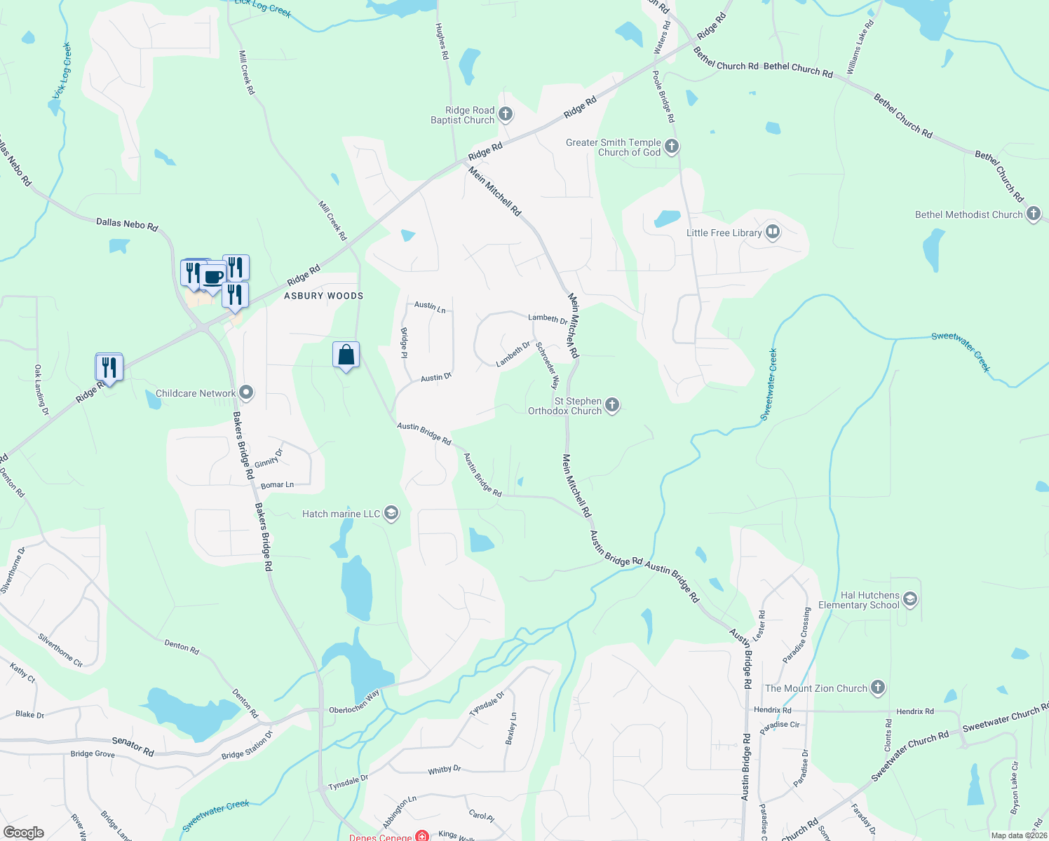 map of restaurants, bars, coffee shops, grocery stores, and more near 141 Asbury Ln in Hiram