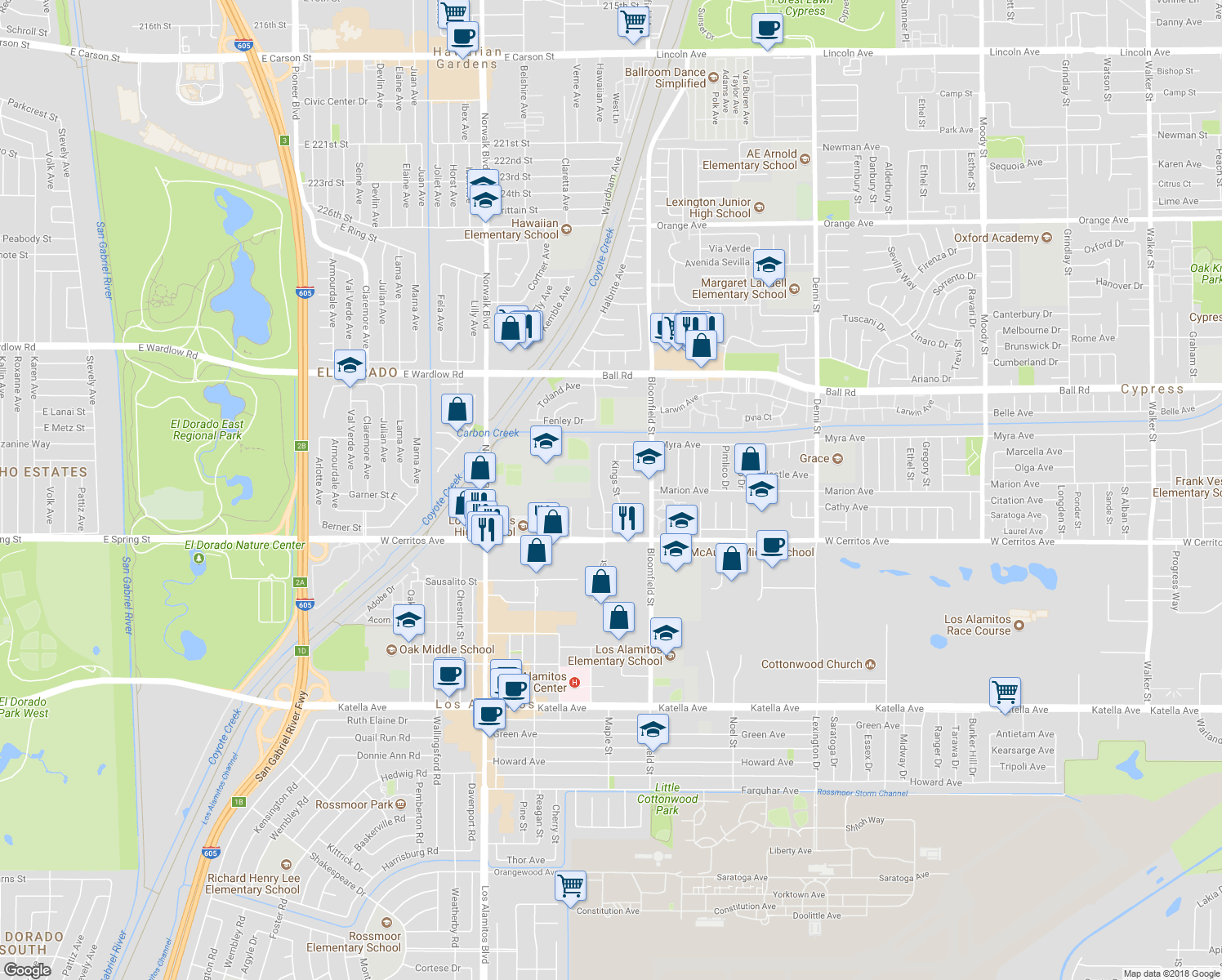 map of restaurants, bars, coffee shops, grocery stores, and more near 10281 Kings Street in Los Alamitos