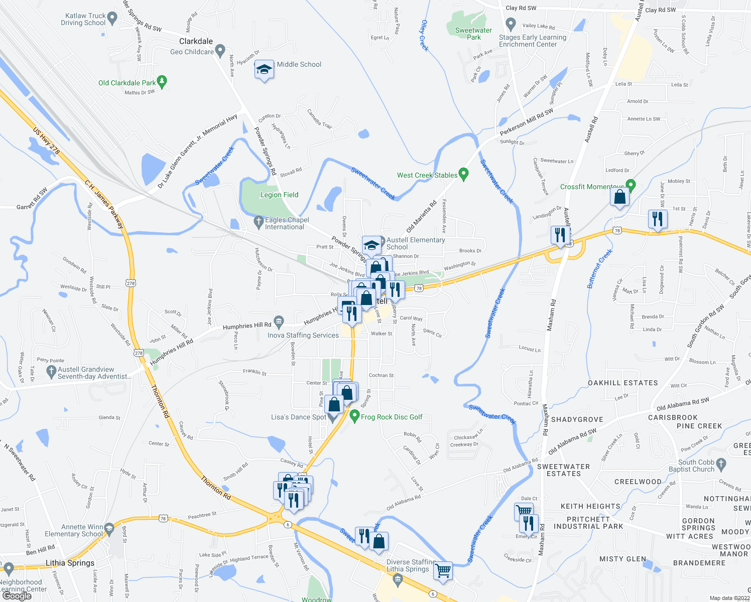map of restaurants, bars, coffee shops, grocery stores, and more near in Austell