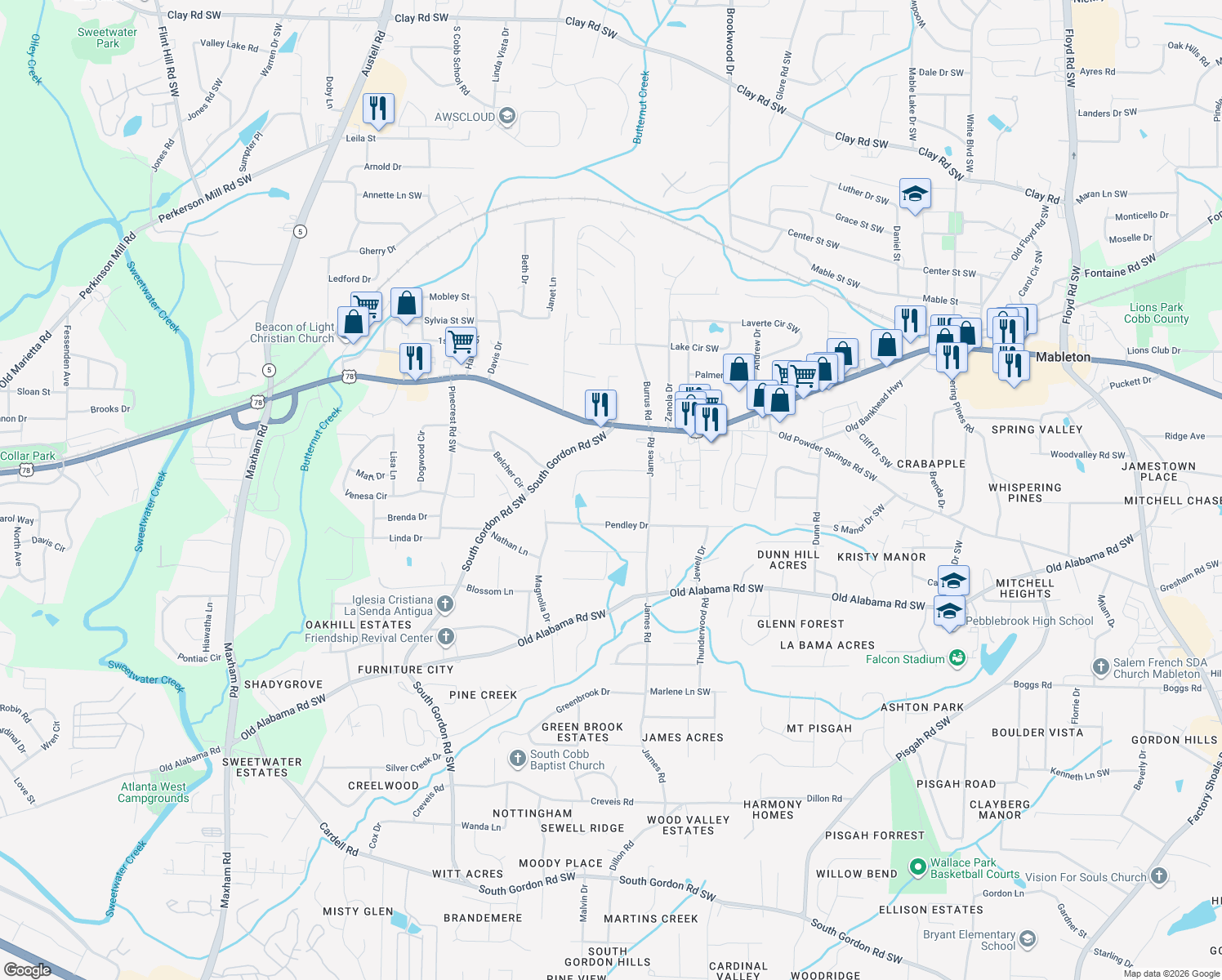 map of restaurants, bars, coffee shops, grocery stores, and more near 1558 Priscilla Lane in Austell