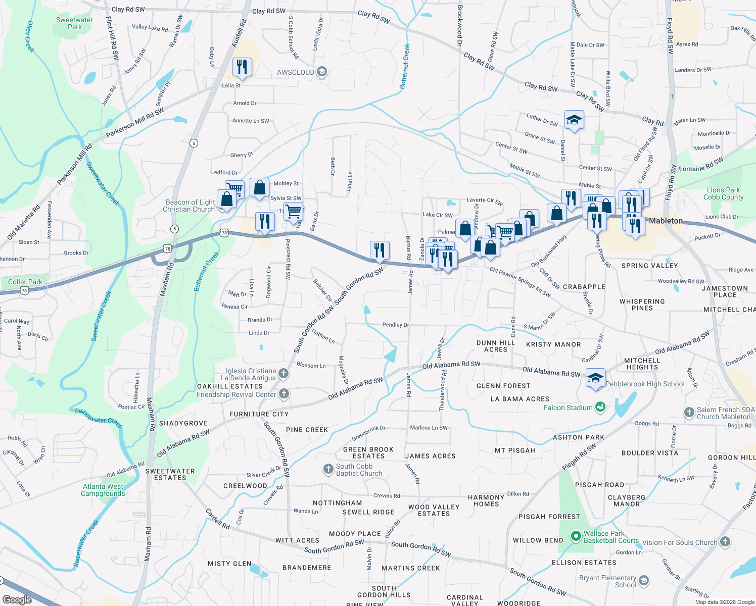 map of restaurants, bars, coffee shops, grocery stores, and more near 1582 Priscilla Lane in Austell