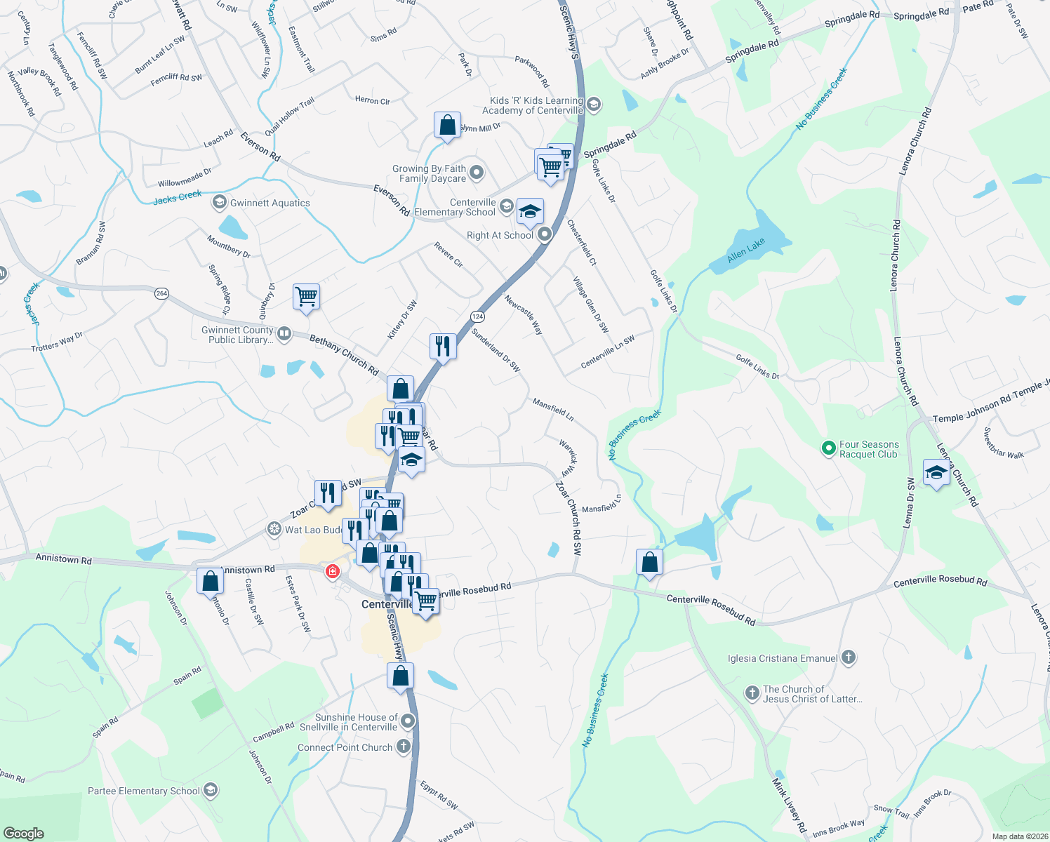 map of restaurants, bars, coffee shops, grocery stores, and more near 3356 Sunderland Drive Southwest in Snellville