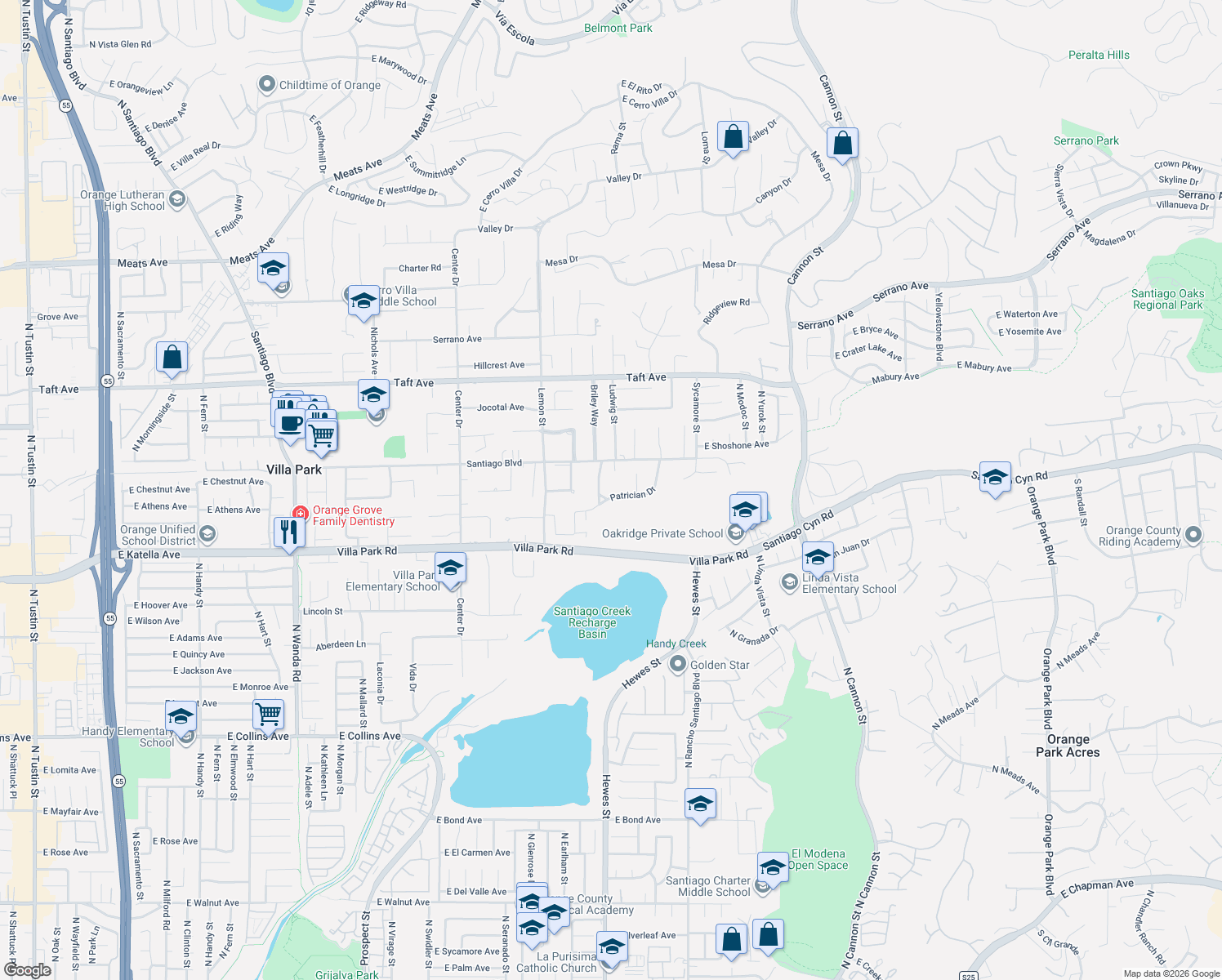 map of restaurants, bars, coffee shops, grocery stores, and more near 18731 Patrician Drive in Villa Park