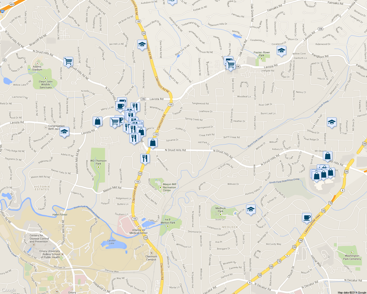 map of restaurants, bars, coffee shops, grocery stores, and more near 3194 N Druid Hills Rd in Decatur