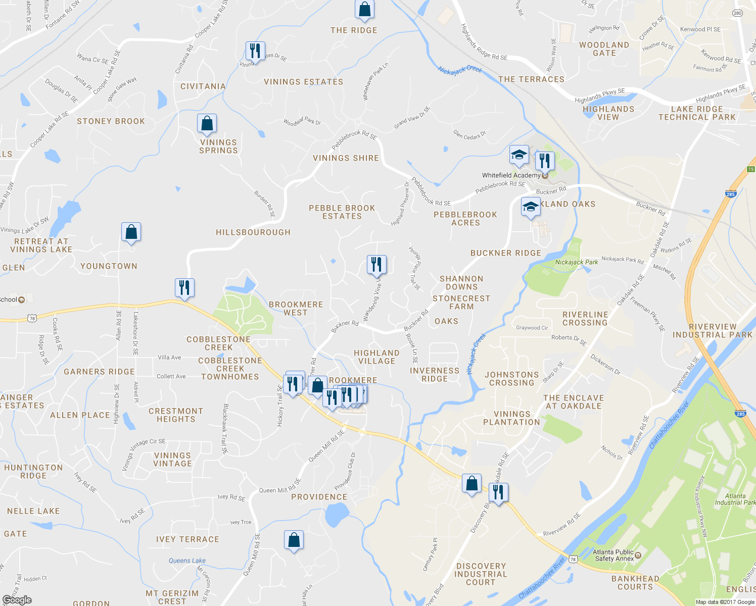 map of restaurants, bars, coffee shops, grocery stores, and more near 5651 Wandering Vine Lane Southeast in Mableton