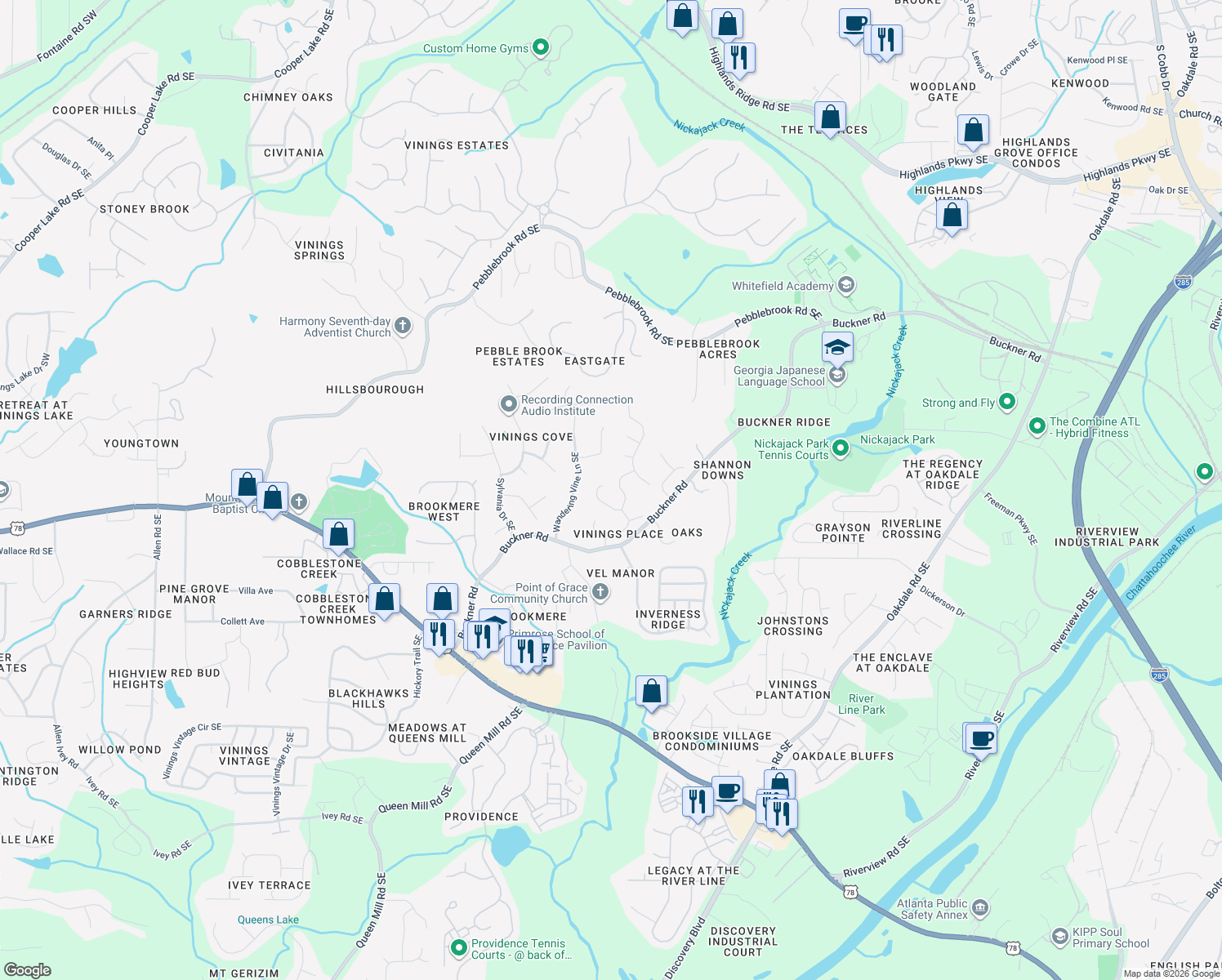 map of restaurants, bars, coffee shops, grocery stores, and more near 1153 Vinings Place Way Southeast in Mableton