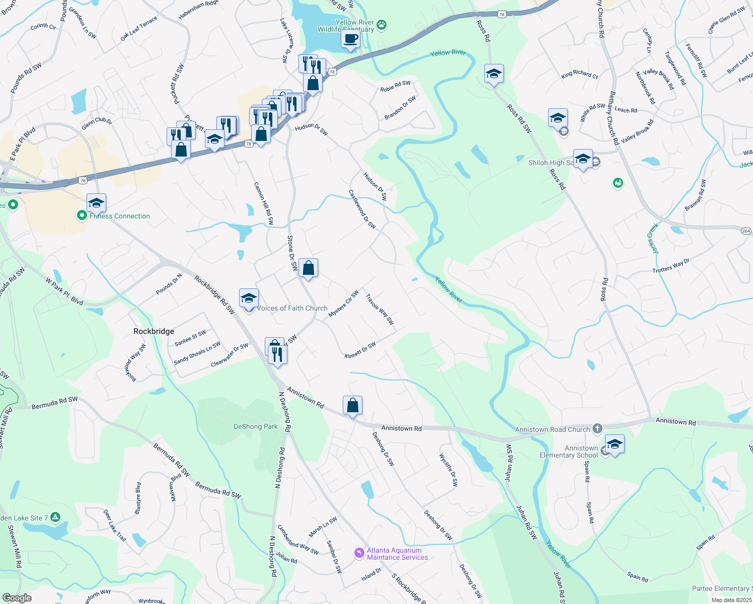 map of restaurants, bars, coffee shops, grocery stores, and more near 4844 Mystere Lane Southwest in Lilburn
