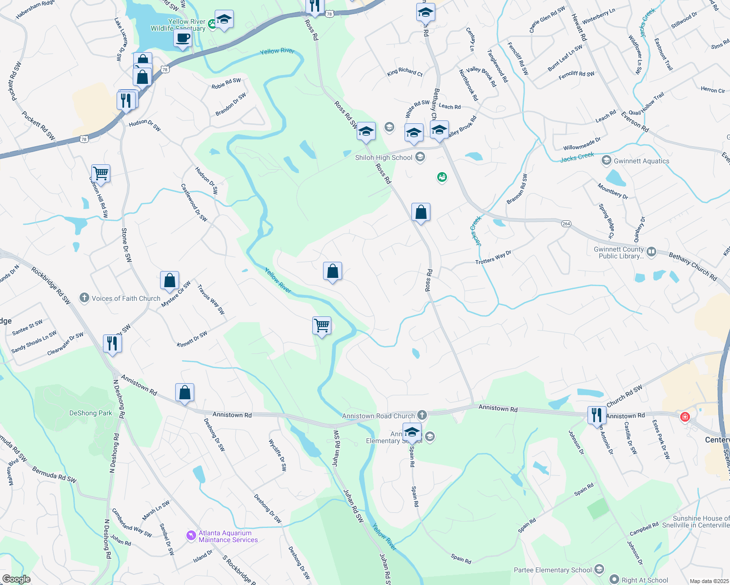 map of restaurants, bars, coffee shops, grocery stores, and more near 2702 Moorings Parkway Southwest in Snellville