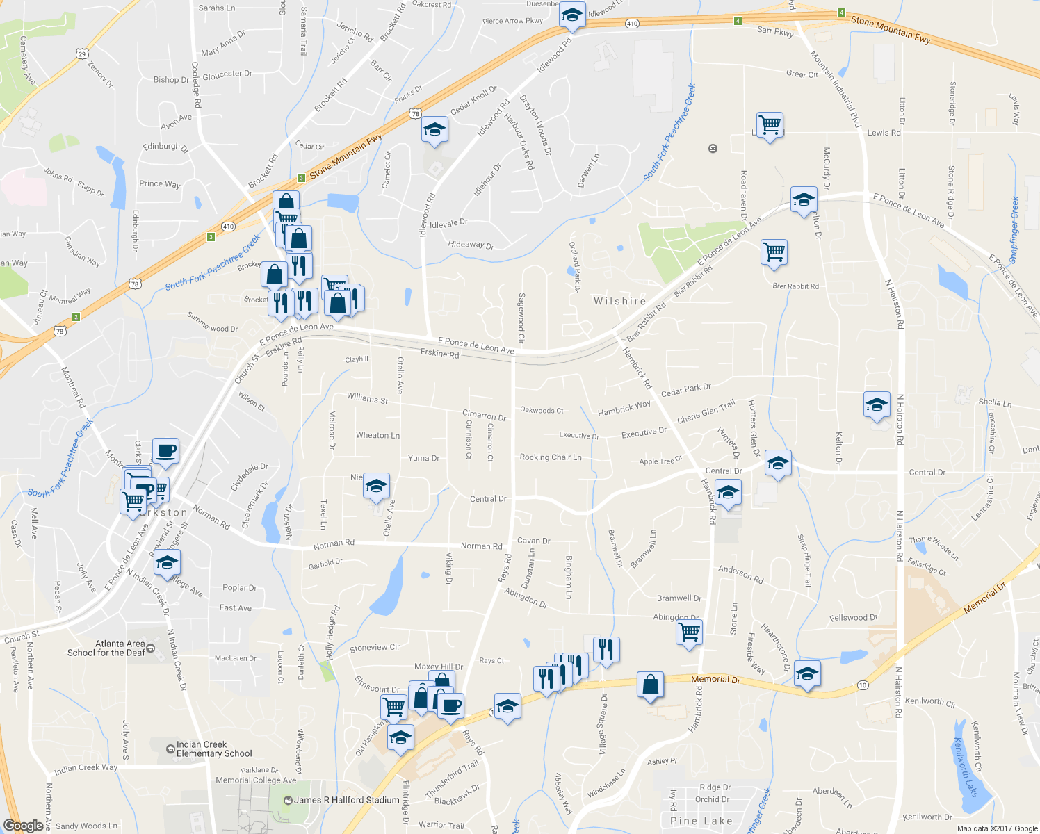 map of restaurants, bars, coffee shops, grocery stores, and more near 1199 Rays Road in Stone Mountain
