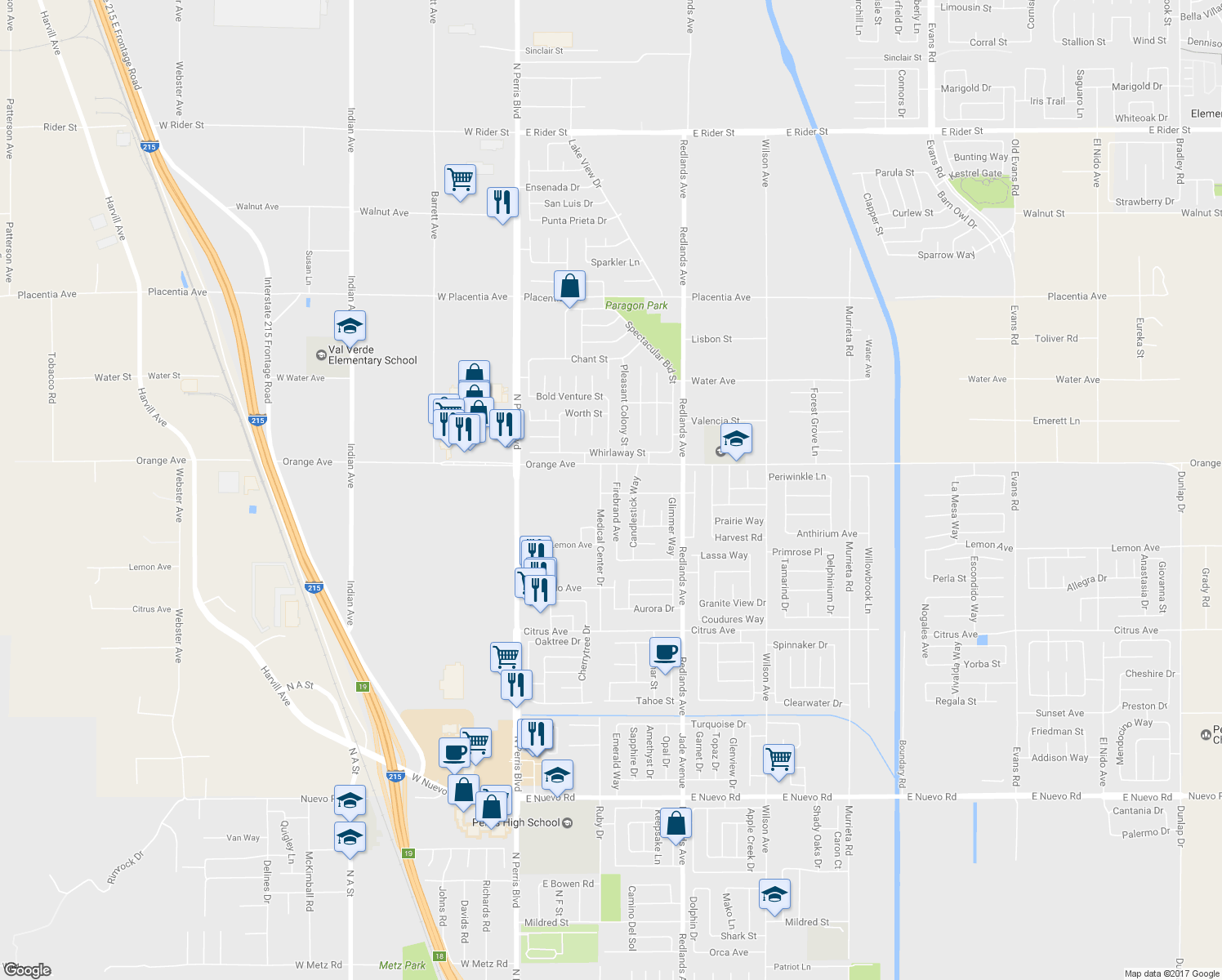 map of restaurants, bars, coffee shops, grocery stores, and more near 2340 Firebrand Avenue in Perris