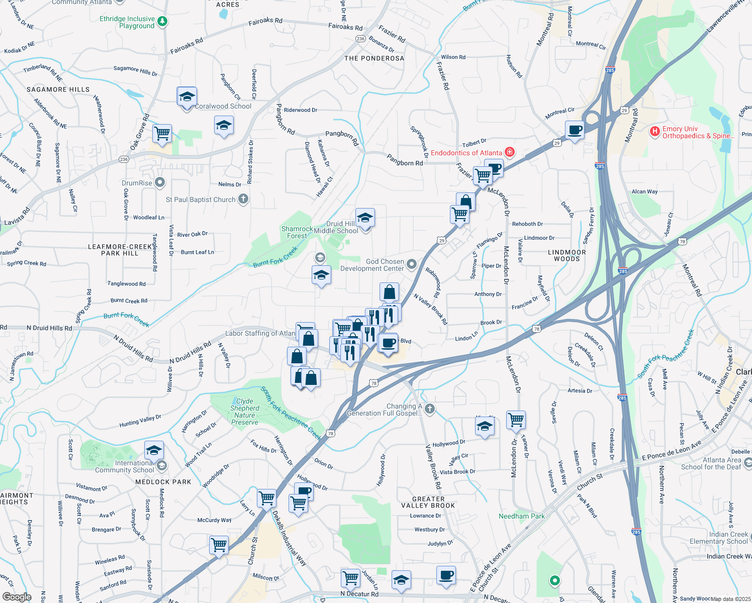 map of restaurants, bars, coffee shops, grocery stores, and more near 2961 Mount Olive Drive in Decatur