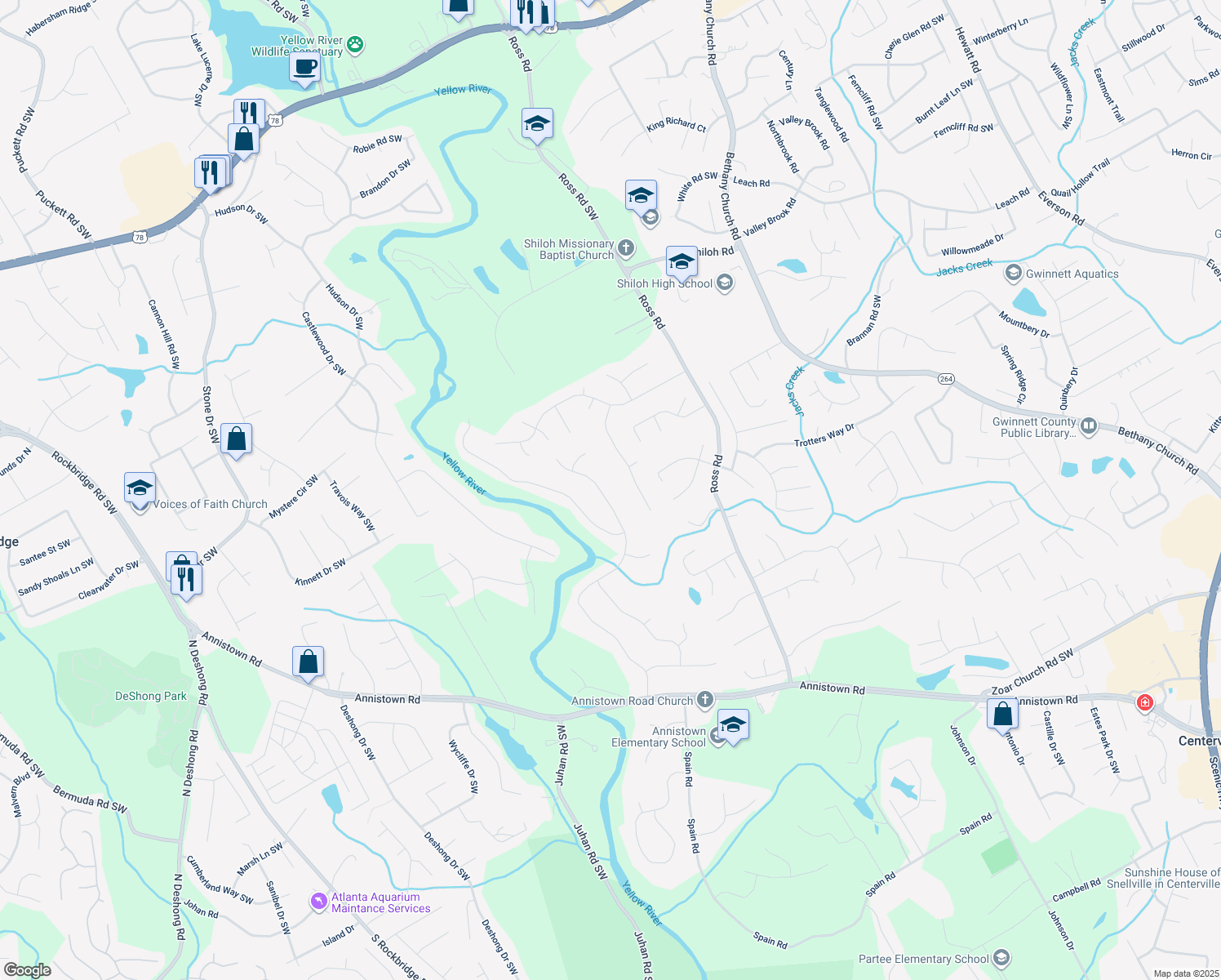 map of restaurants, bars, coffee shops, grocery stores, and more near 2702 Moorings Parkway Southwest in Snellville