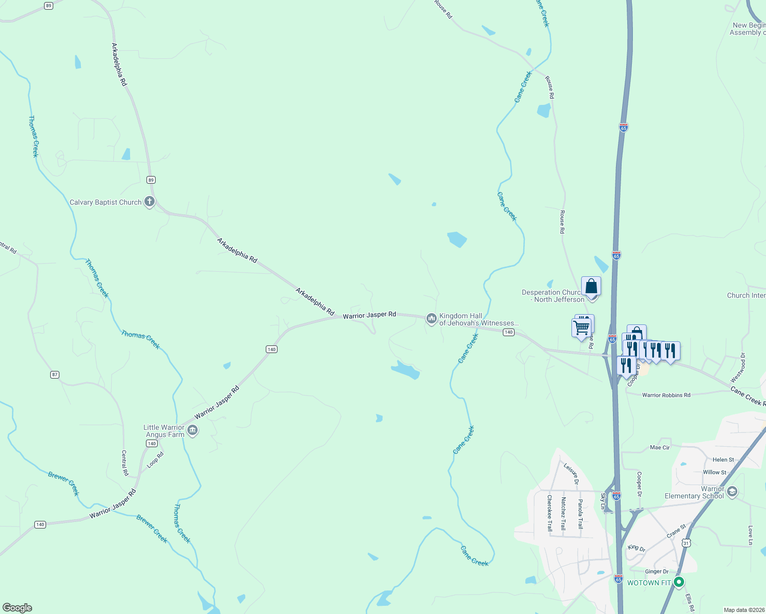 map of restaurants, bars, coffee shops, grocery stores, and more near 847 Cane Creek Road in Warrior
