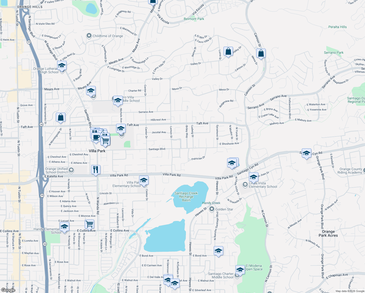 map of restaurants, bars, coffee shops, grocery stores, and more near 10162 Verde Lomas Drive in Villa Park
