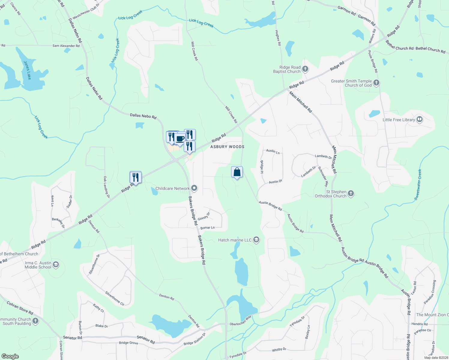 map of restaurants, bars, coffee shops, grocery stores, and more near 174 Shelby Lane in Hiram
