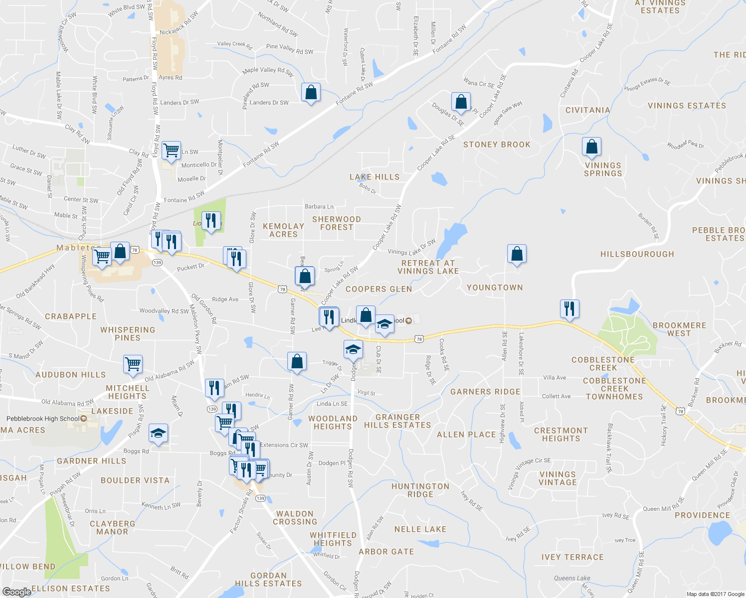 map of restaurants, bars, coffee shops, grocery stores, and more near 5664 Coopers Glen Court Southwest in Mableton