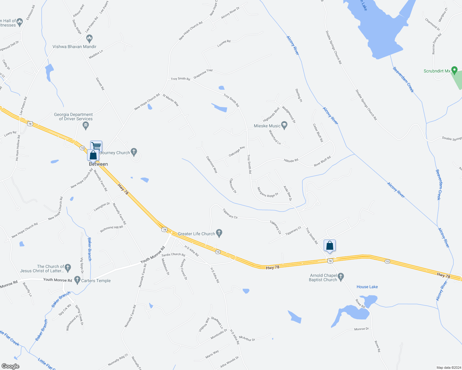 map of restaurants, bars, coffee shops, grocery stores, and more near Oakmont Drive in Monroe