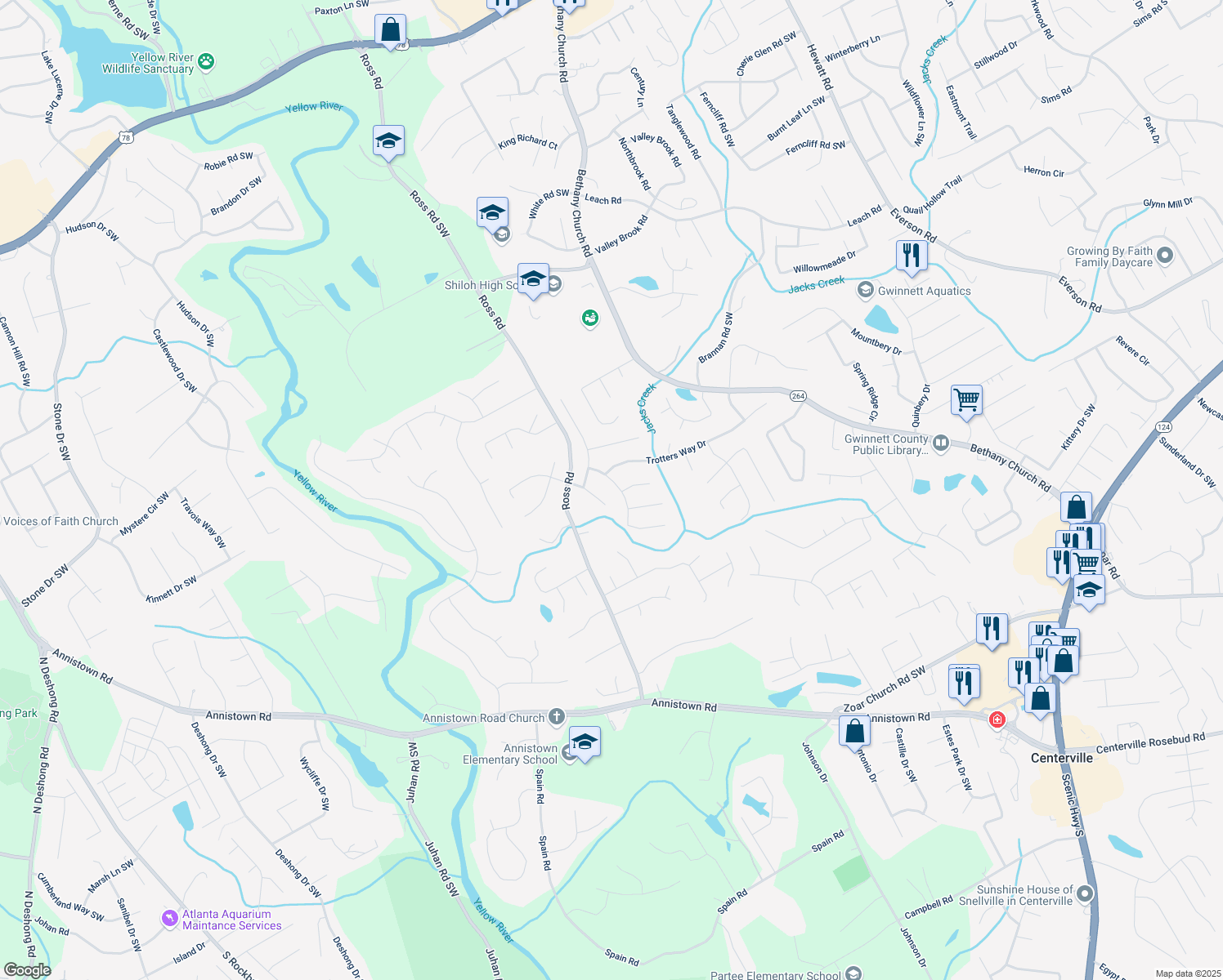 map of restaurants, bars, coffee shops, grocery stores, and more near 2849 Shiaway Trail in Snellville