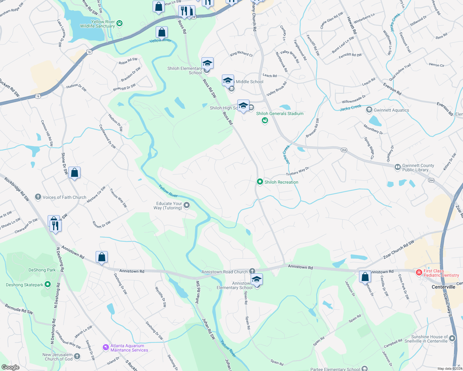 map of restaurants, bars, coffee shops, grocery stores, and more near 2674 Calumet Farm Lane in Snellville