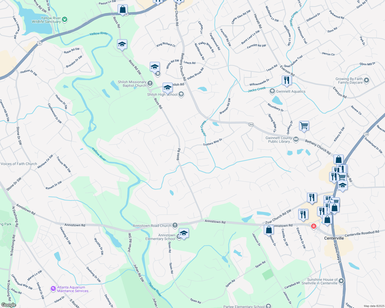 map of restaurants, bars, coffee shops, grocery stores, and more near 2849 Shiaway Trail in Snellville