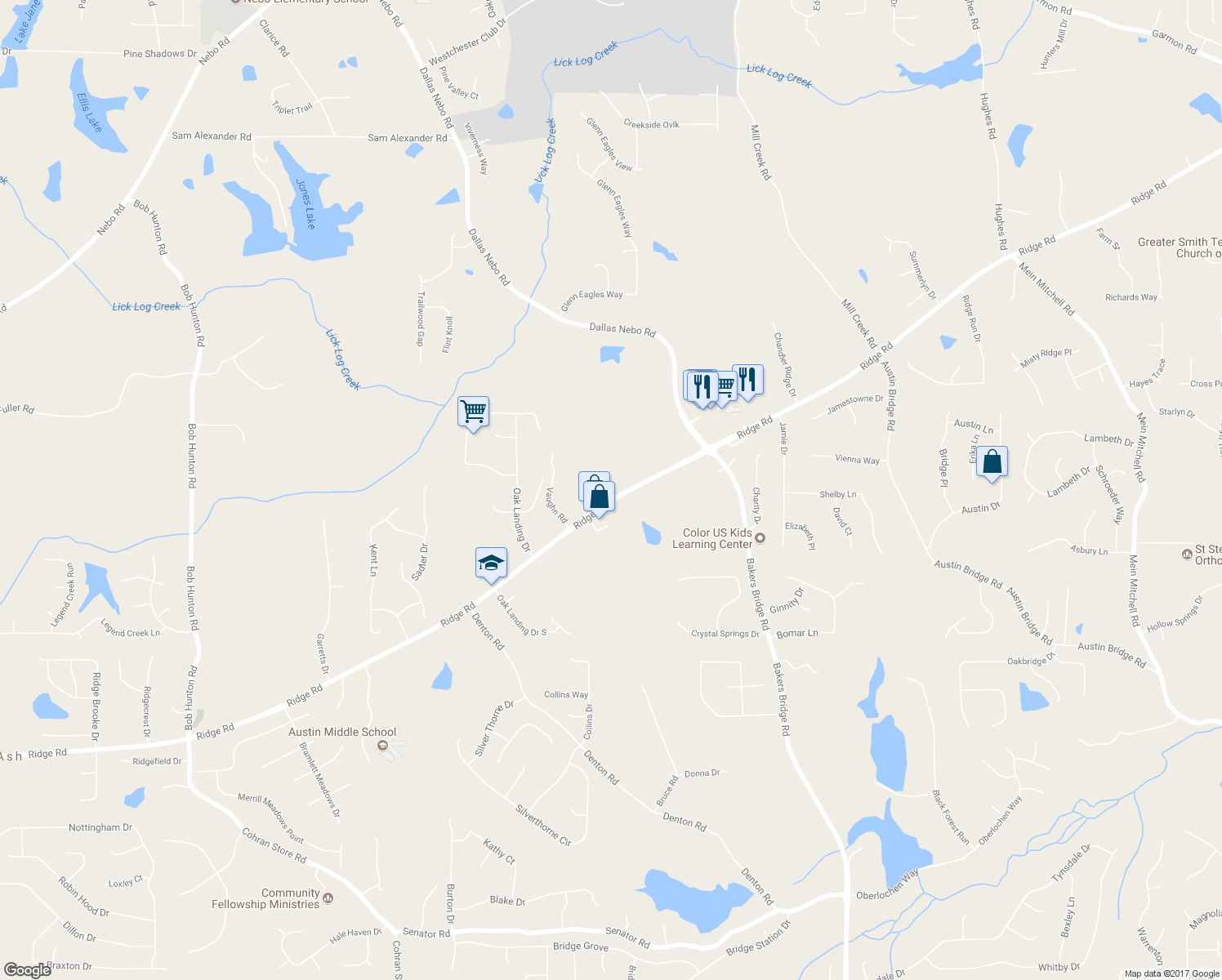 map of restaurants, bars, coffee shops, grocery stores, and more near 4445 Ridge Road in Douglasville