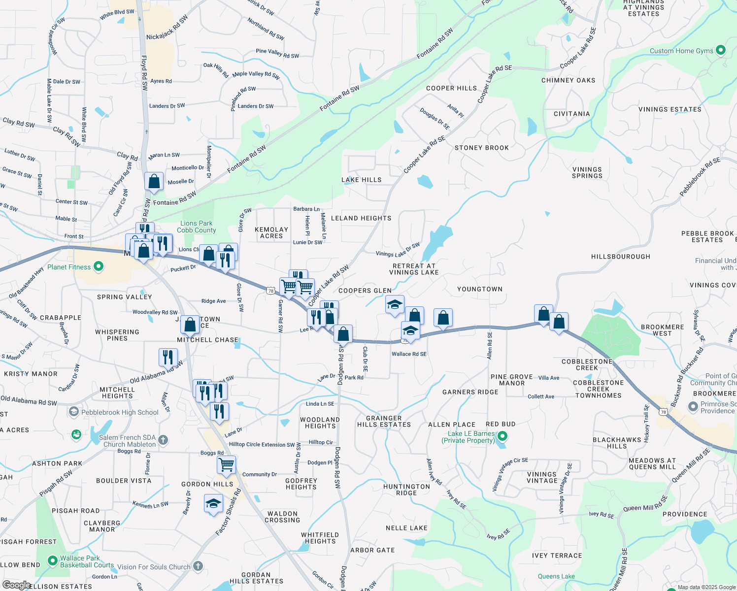 map of restaurants, bars, coffee shops, grocery stores, and more near 5679 Coopers Glen Court Southwest in Mableton