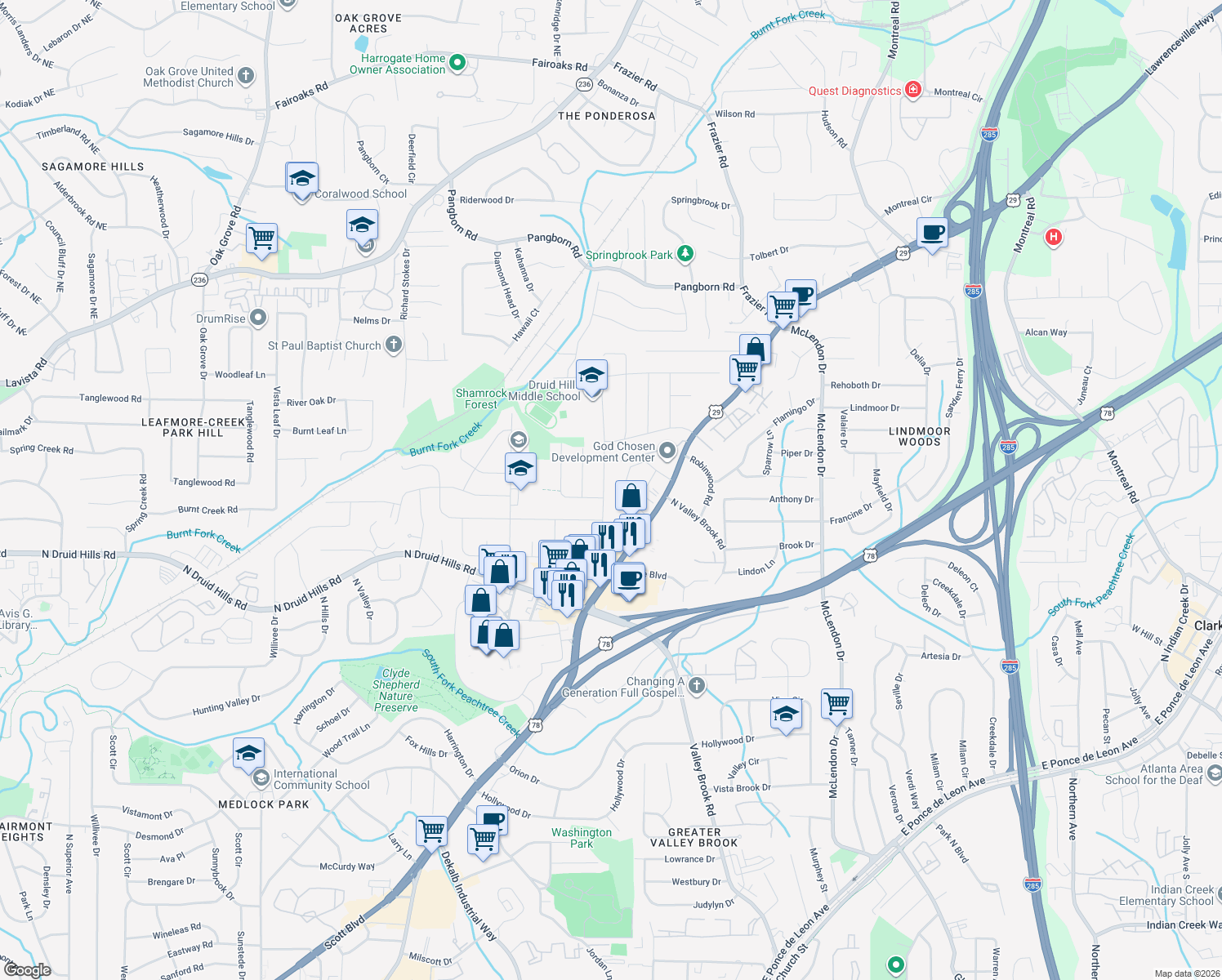 map of restaurants, bars, coffee shops, grocery stores, and more near 2985 Mount Olive Drive in Decatur