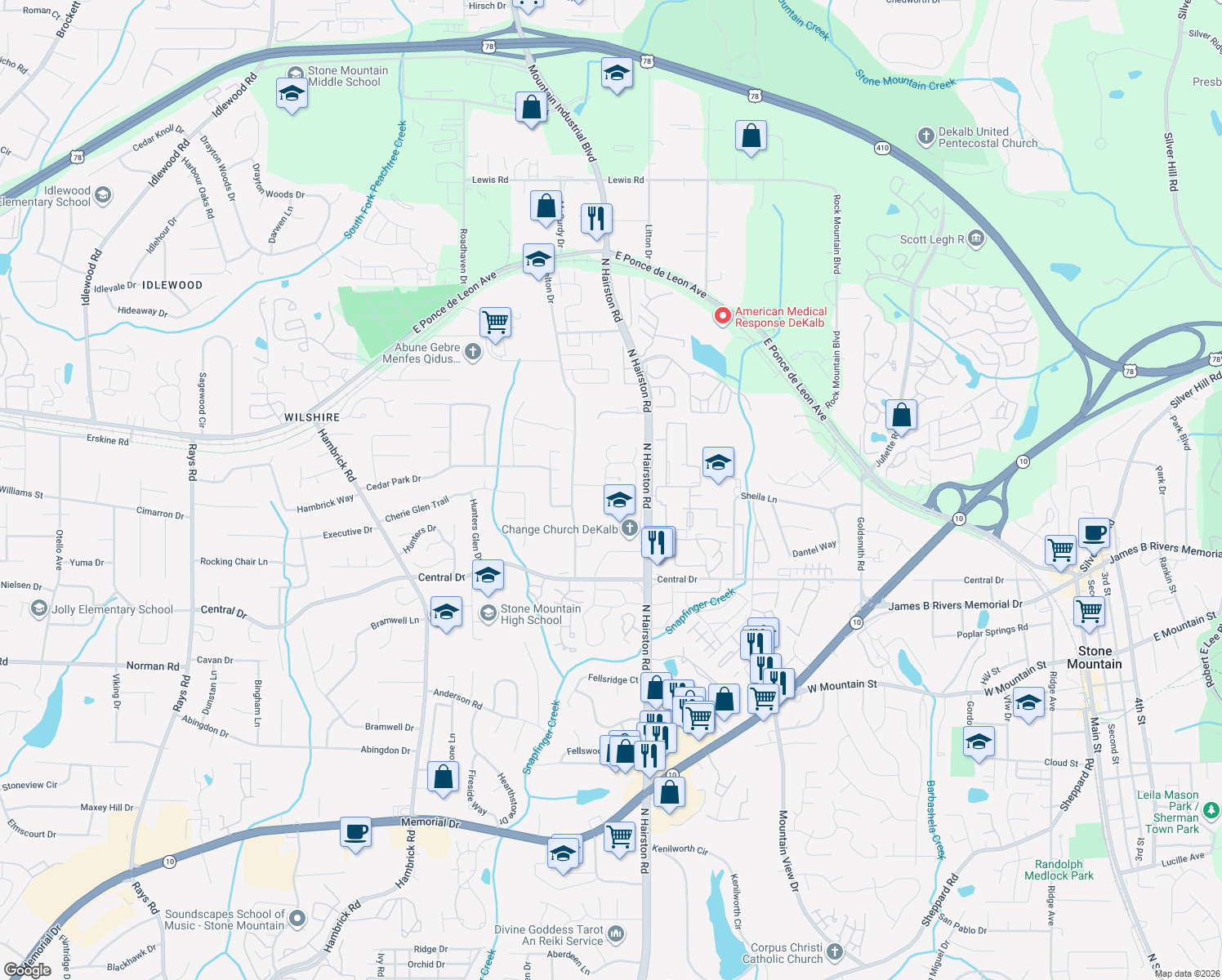 map of restaurants, bars, coffee shops, grocery stores, and more near 1234 Old Countryside Circle in Stone Mountain