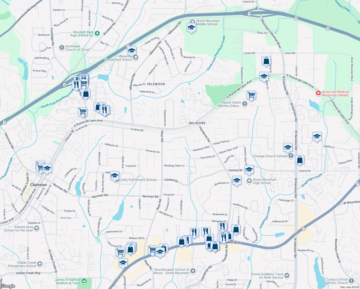 map of restaurants, bars, coffee shops, grocery stores, and more near 1242 Hambrick Ct in Stone Mountain