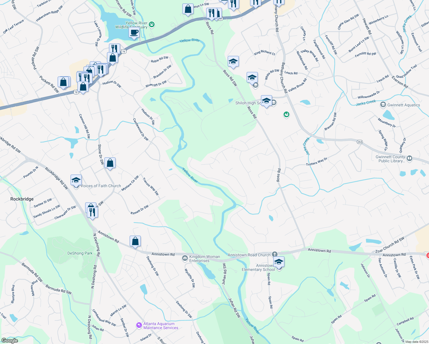map of restaurants, bars, coffee shops, grocery stores, and more near 2687 Grant Circle in Snellville
