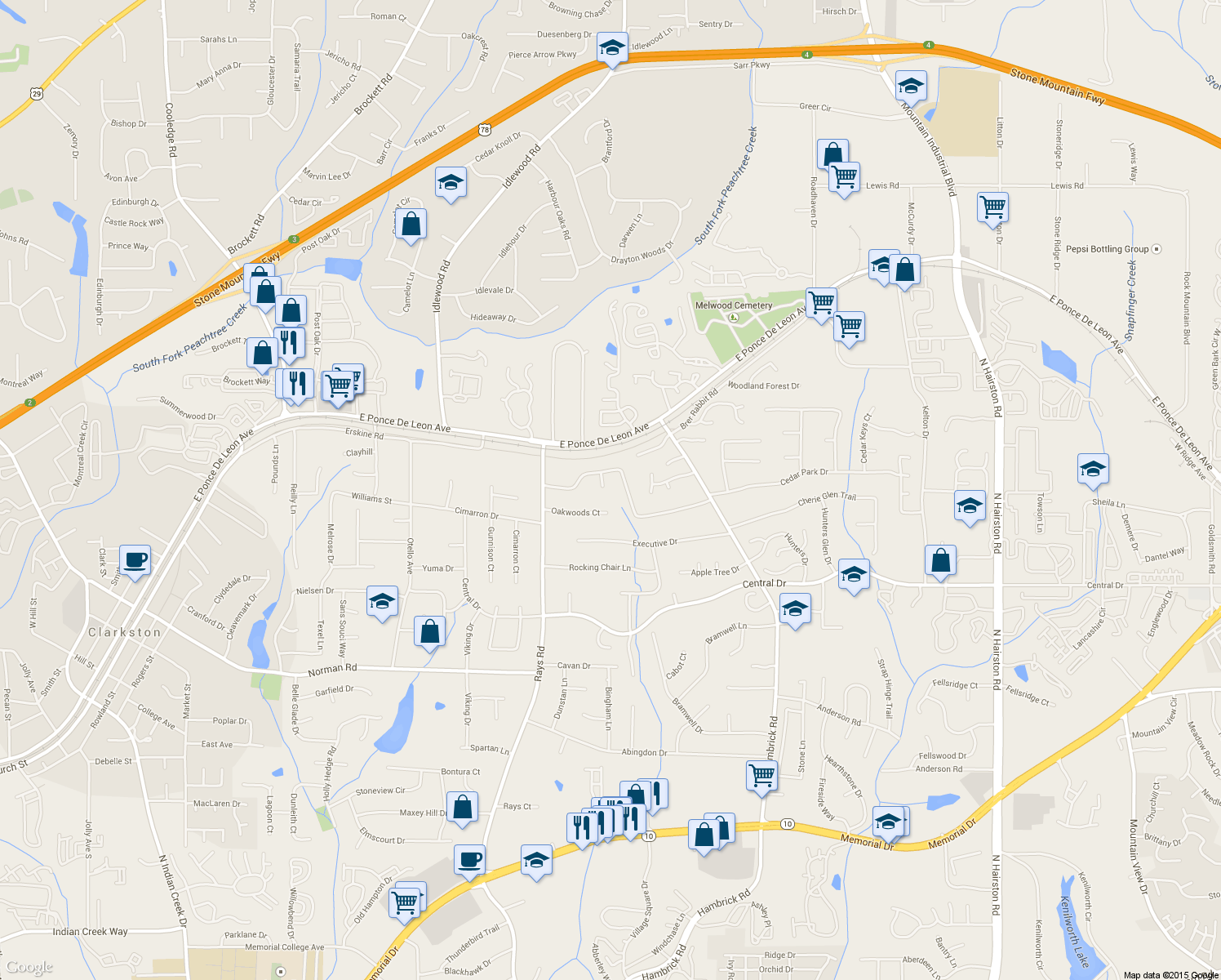 map of restaurants, bars, coffee shops, grocery stores, and more near 1241 Hambrick Ct in Stone Mountain