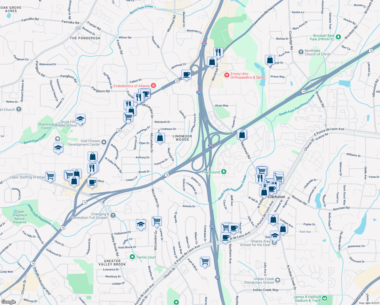 map of restaurants, bars, coffee shops, grocery stores, and more near 1231 Sanden Ferry Drive in Decatur