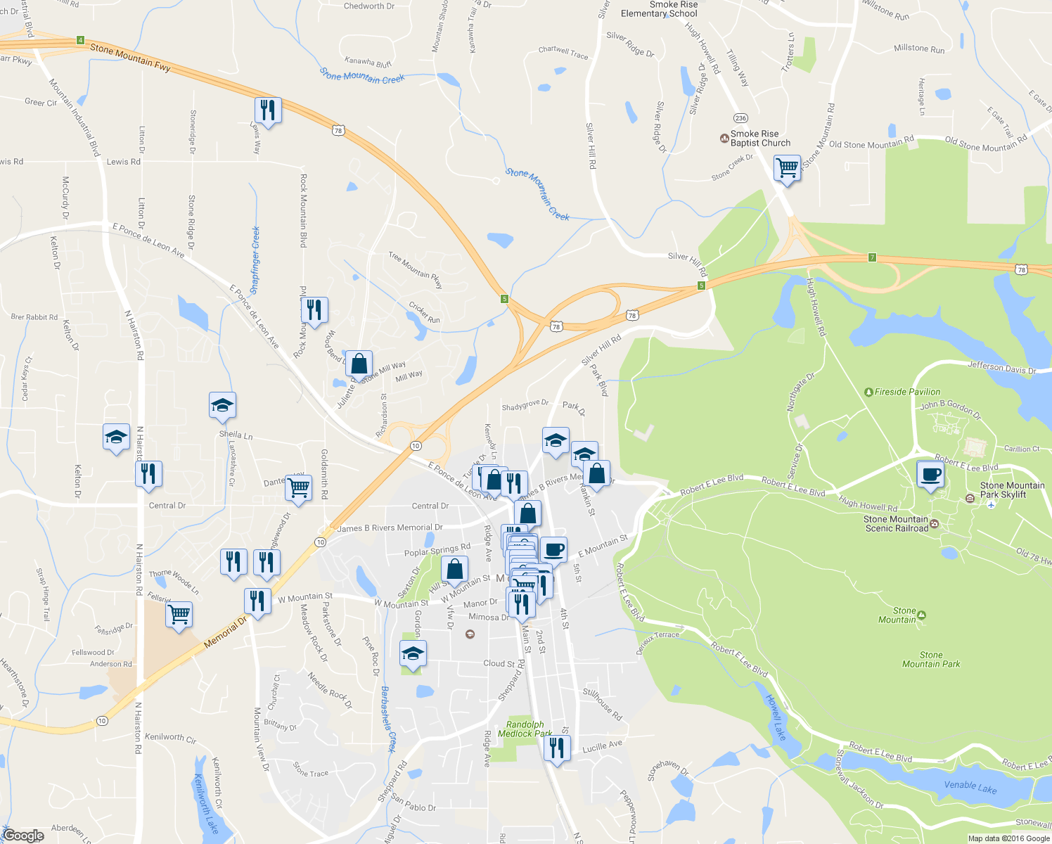 map of restaurants, bars, coffee shops, grocery stores, and more near 1236 South Shadygrove Court in Stone Mountain