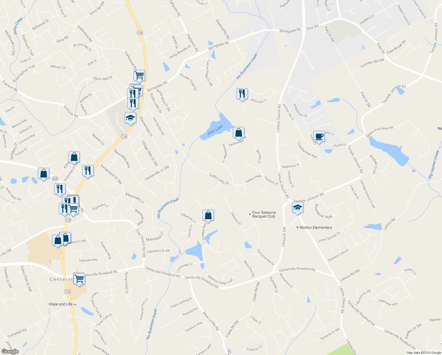 map of restaurants, bars, coffee shops, grocery stores, and more near 3590 Golfe Links Drive in Snellville