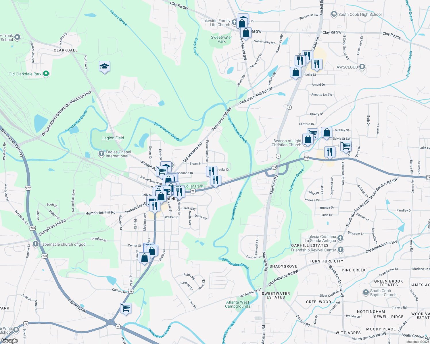 map of restaurants, bars, coffee shops, grocery stores, and more near 2515 Brooks Drive in Austell