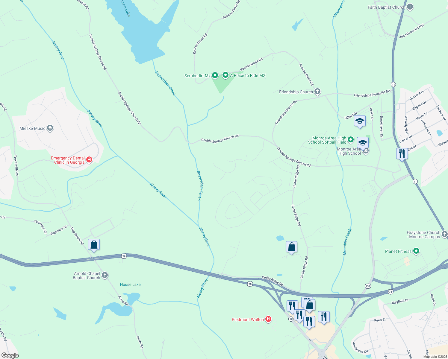 map of restaurants, bars, coffee shops, grocery stores, and more near 1806 Christians Place in Monroe