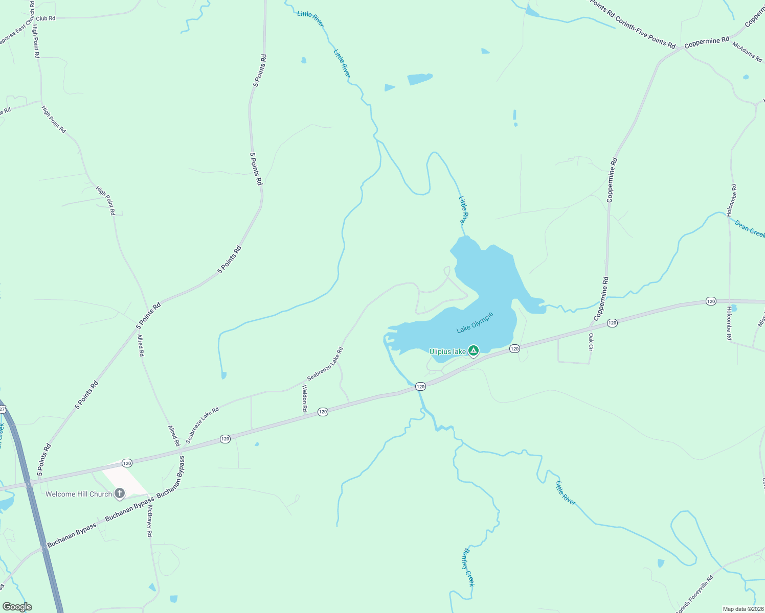 map of restaurants, bars, coffee shops, grocery stores, and more near 731 Seabreeze Lake Road in Buchanan
