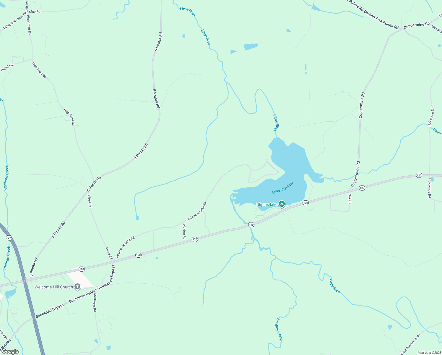 map of restaurants, bars, coffee shops, grocery stores, and more near 735 Seabreeze Lake Rd in Buchanan