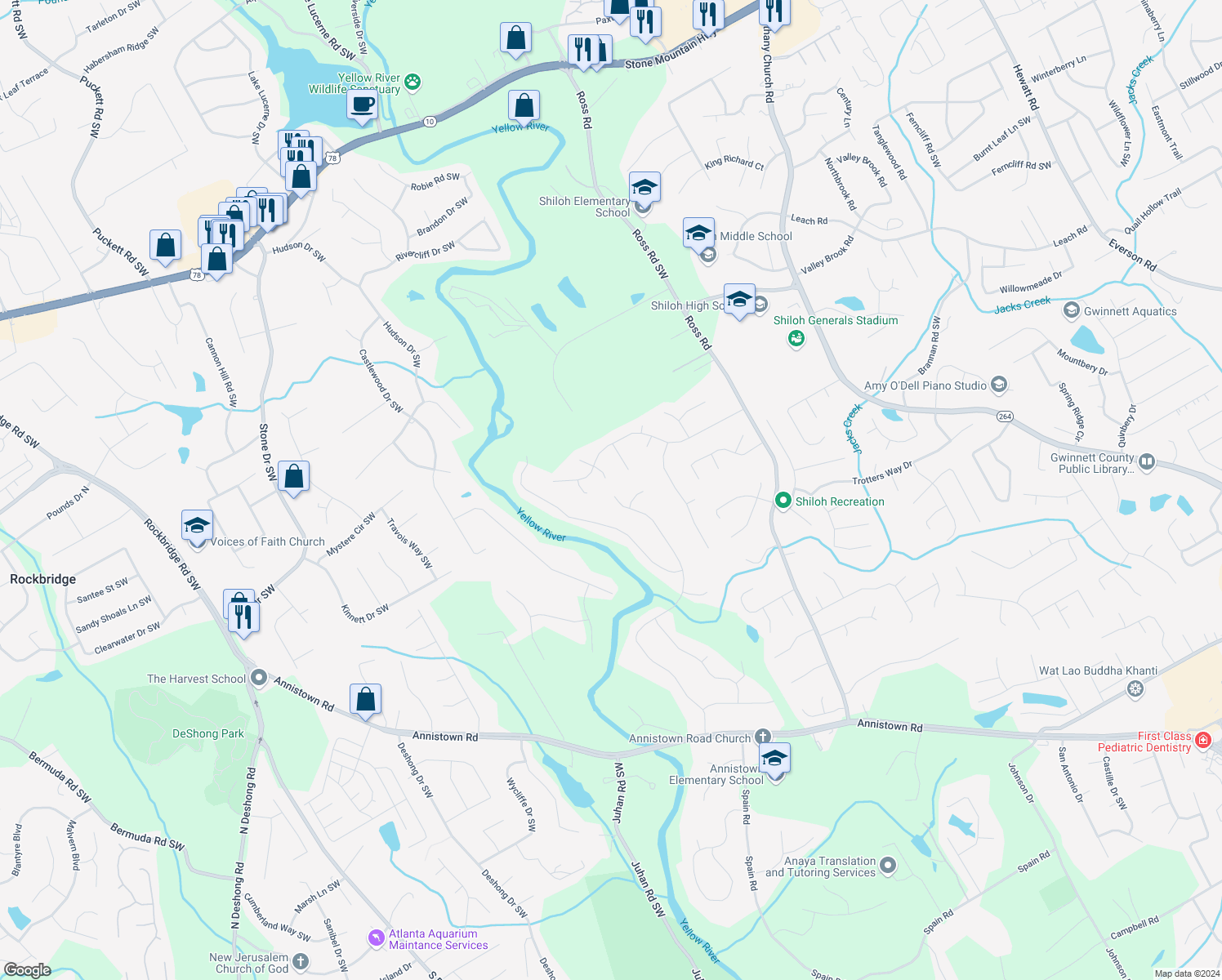 map of restaurants, bars, coffee shops, grocery stores, and more near 2679 Sherman Oaks Drive in Snellville