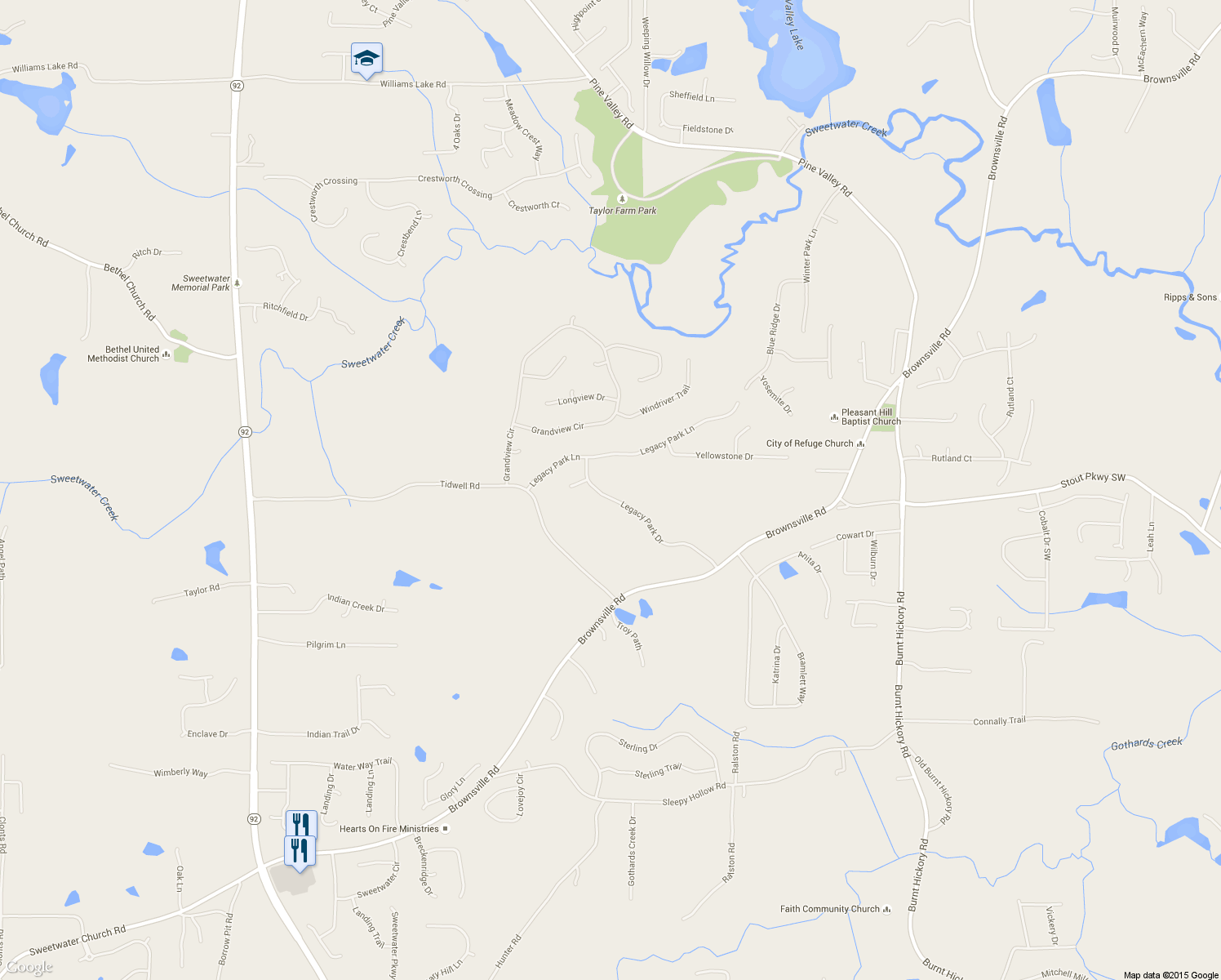 map of restaurants, bars, coffee shops, grocery stores, and more near 440 Legacy Park Drive in Powder Springs