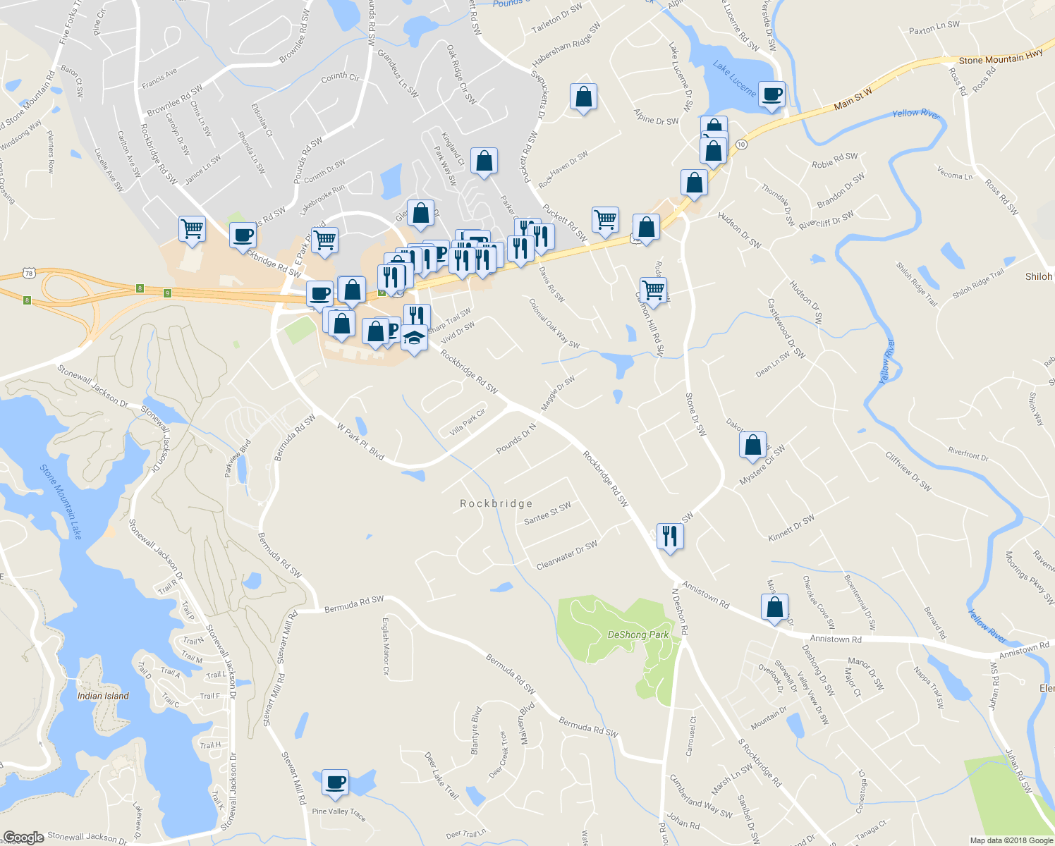 map of restaurants, bars, coffee shops, grocery stores, and more near 125 Villa Park Circle in Stone Mountain