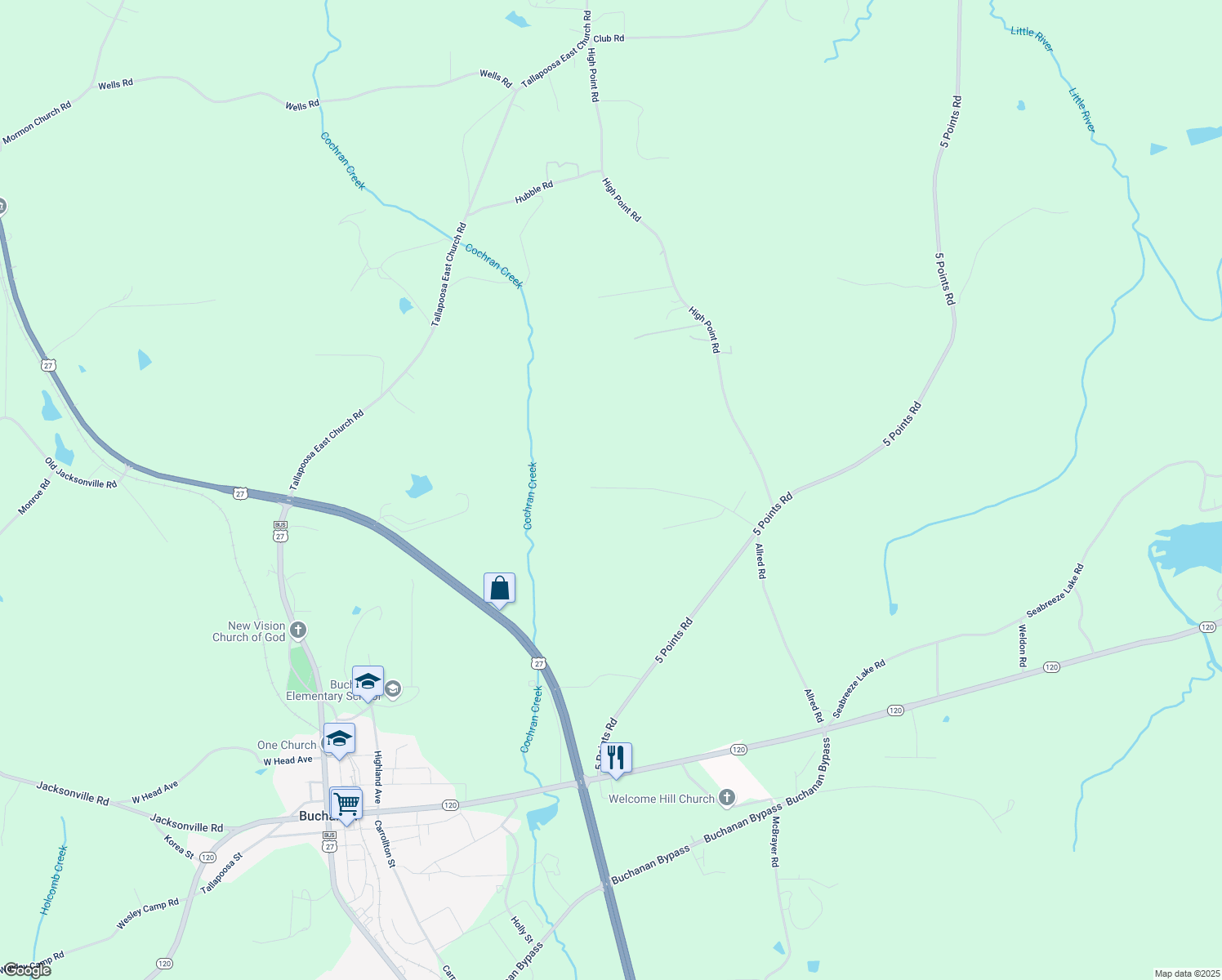 map of restaurants, bars, coffee shops, grocery stores, and more near 264 Willow Leaf Drive in Buchanan