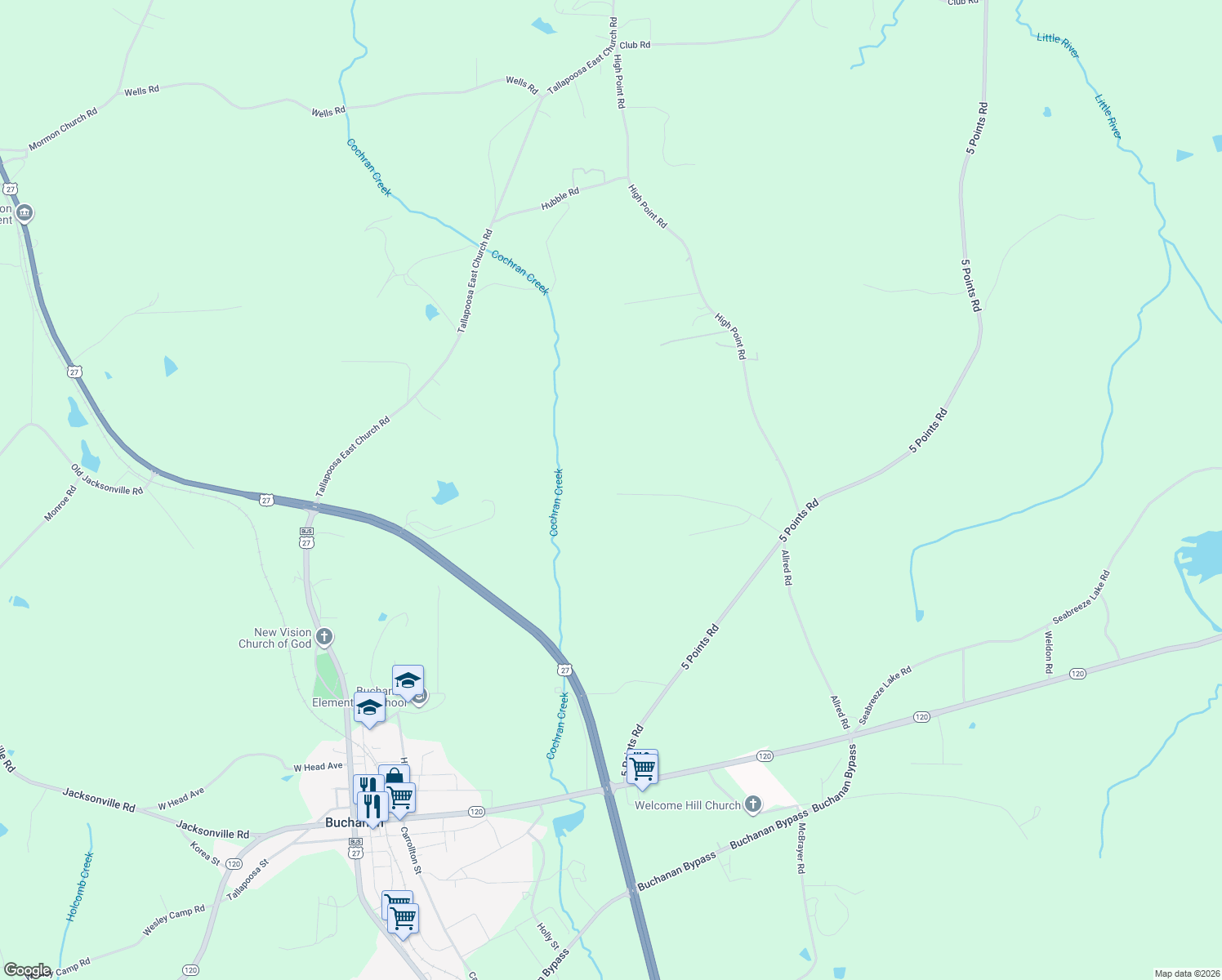 map of restaurants, bars, coffee shops, grocery stores, and more near 273 Willowleaf Drive in Buchanan