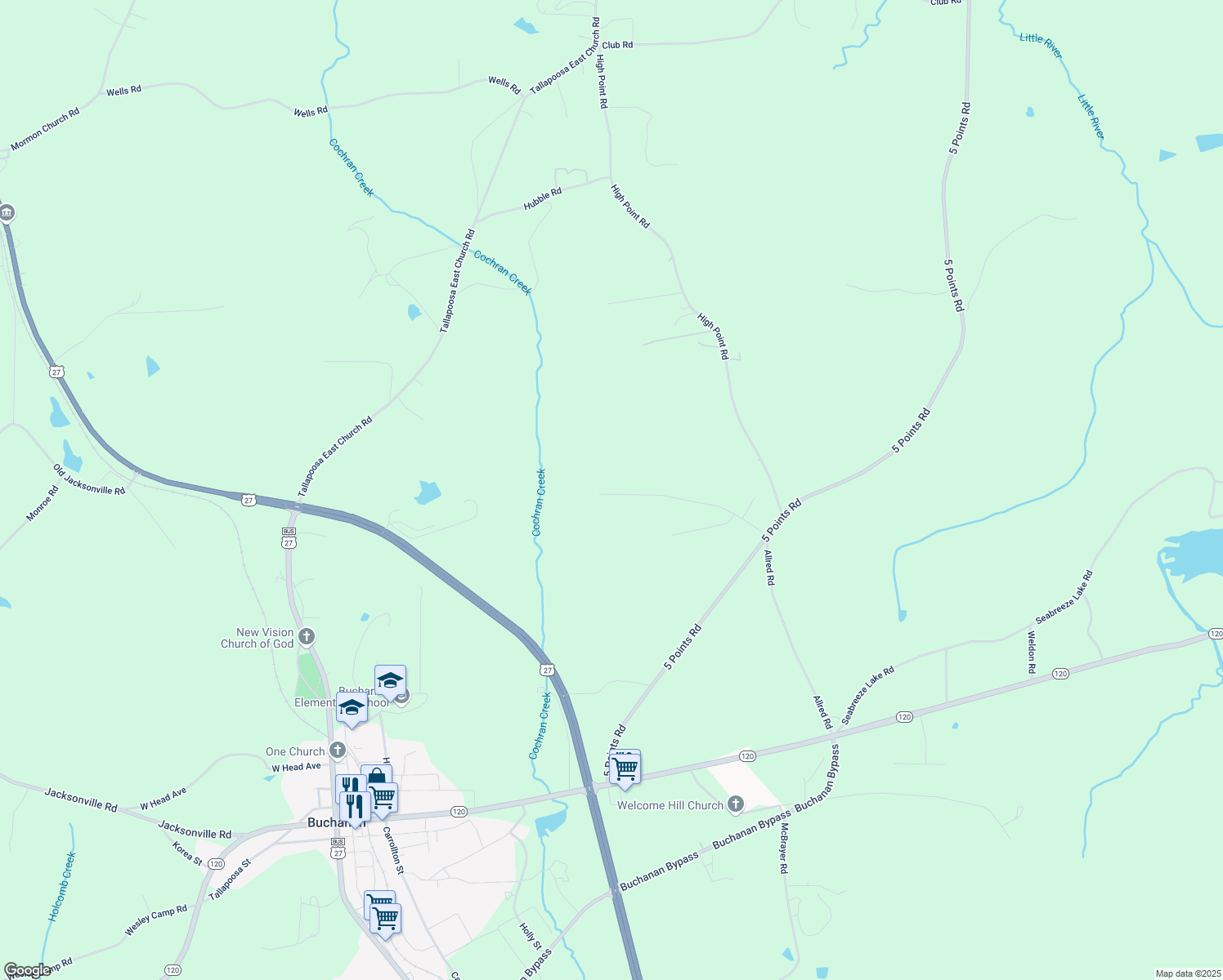 map of restaurants, bars, coffee shops, grocery stores, and more near 264 Willow Leaf Drive in Buchanan