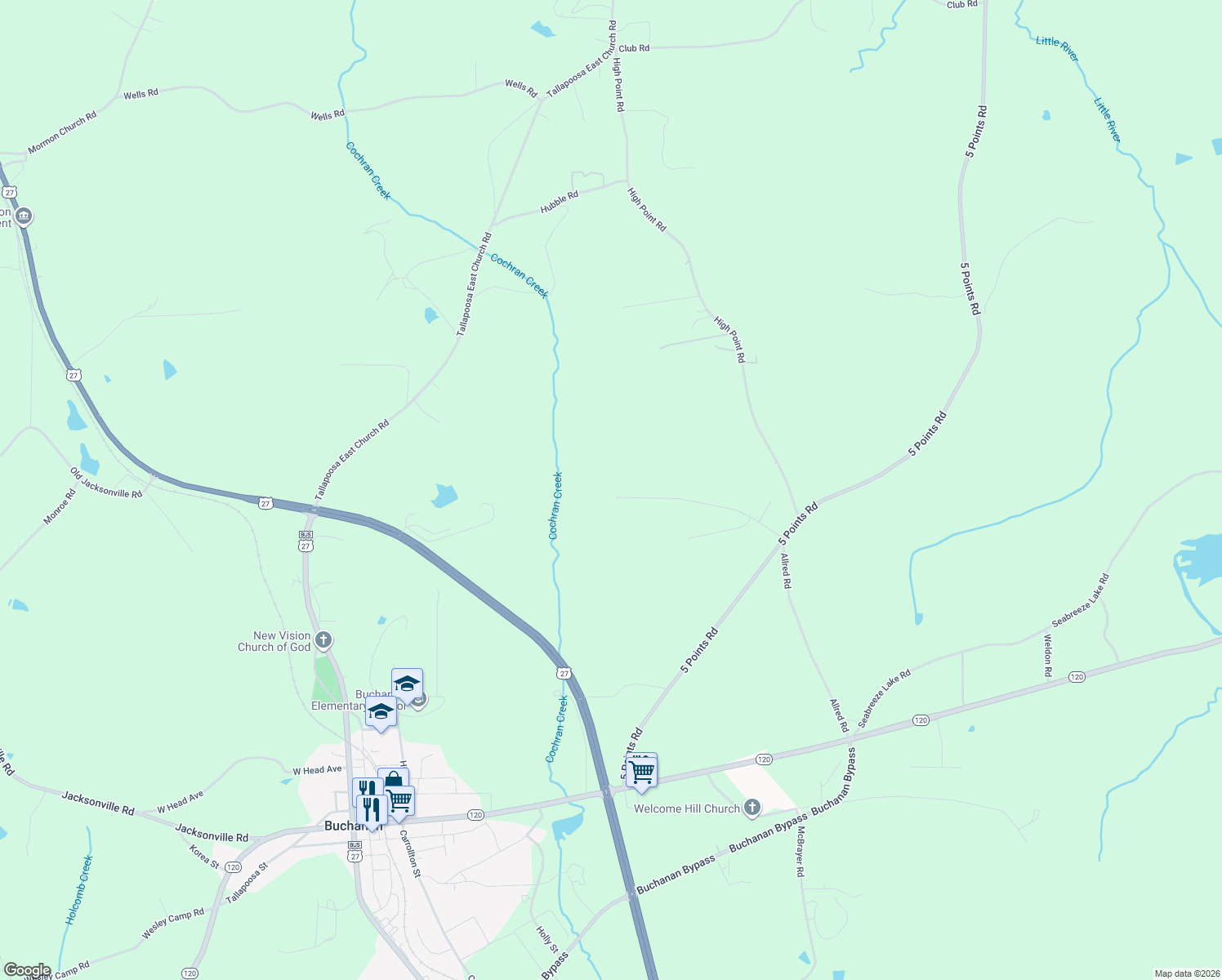 map of restaurants, bars, coffee shops, grocery stores, and more near 273 Willowleaf Drive in Buchanan